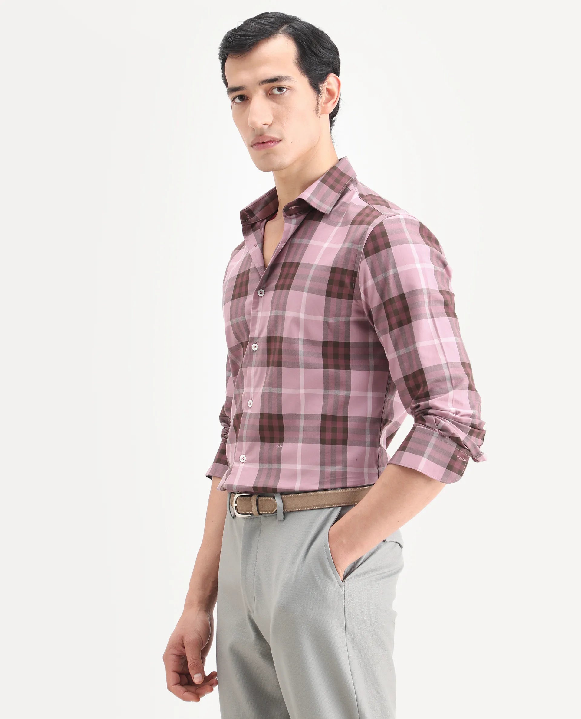 Rare Rabbit Men's Herti Pink Cotton Fabric Full Sleeve Spread Collar Regular Fit Checked Shirt