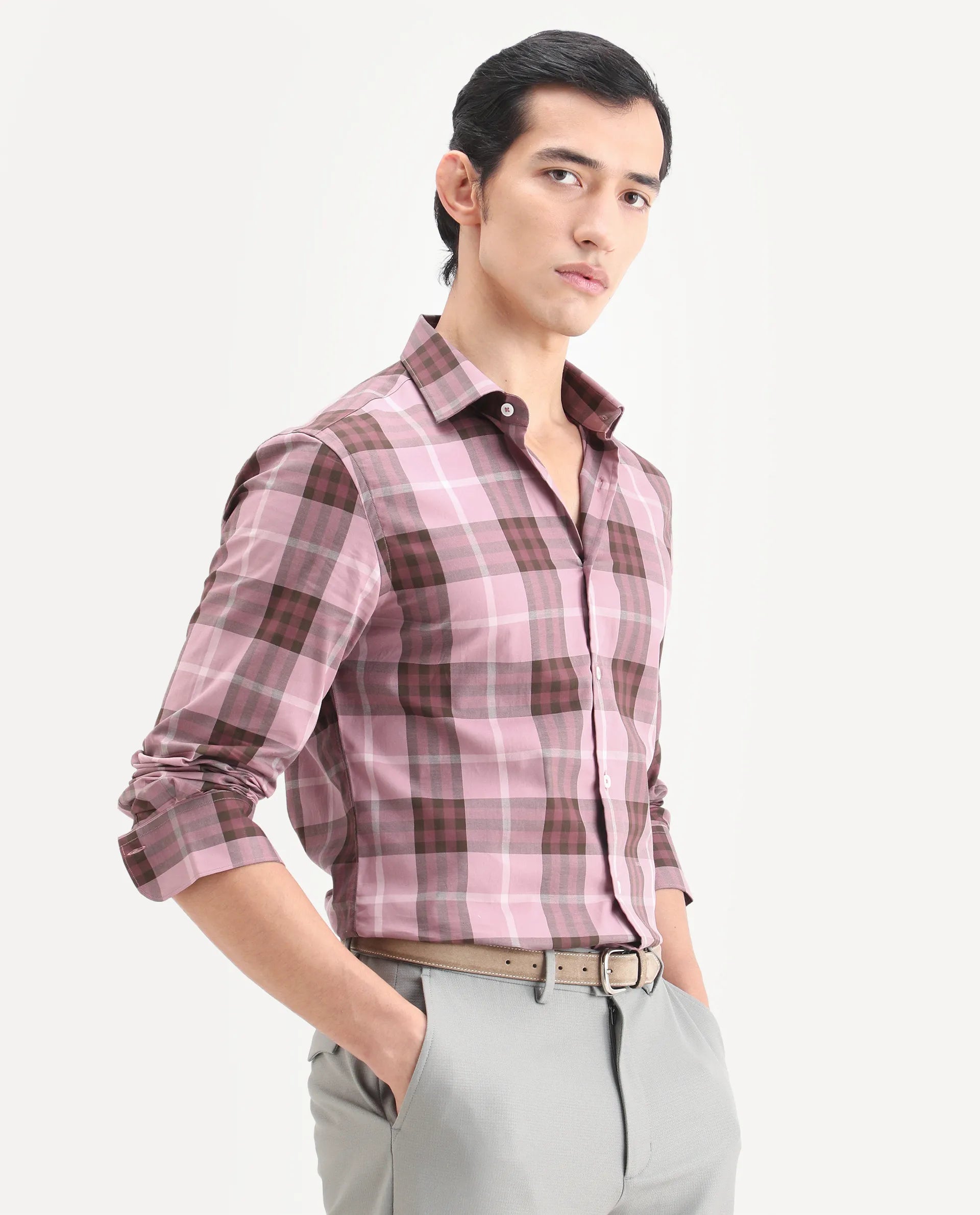Rare Rabbit Men's Herti Pink Cotton Fabric Full Sleeve Spread Collar Regular Fit Checked Shirt