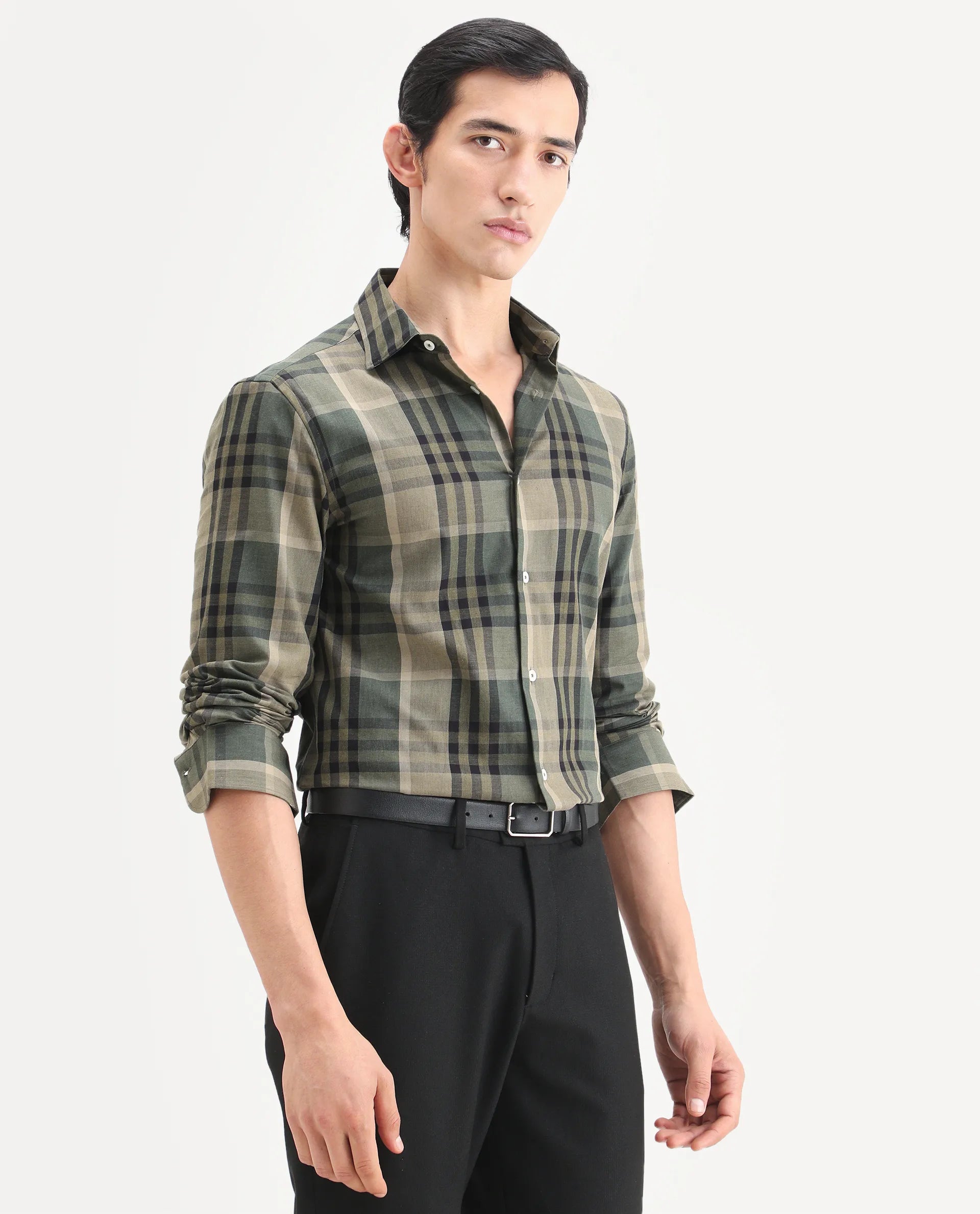 Rare Rabbit Men's Herti Green Cotton Fabric Full Sleeve Spread Collar Regular Fit Checked Shirt