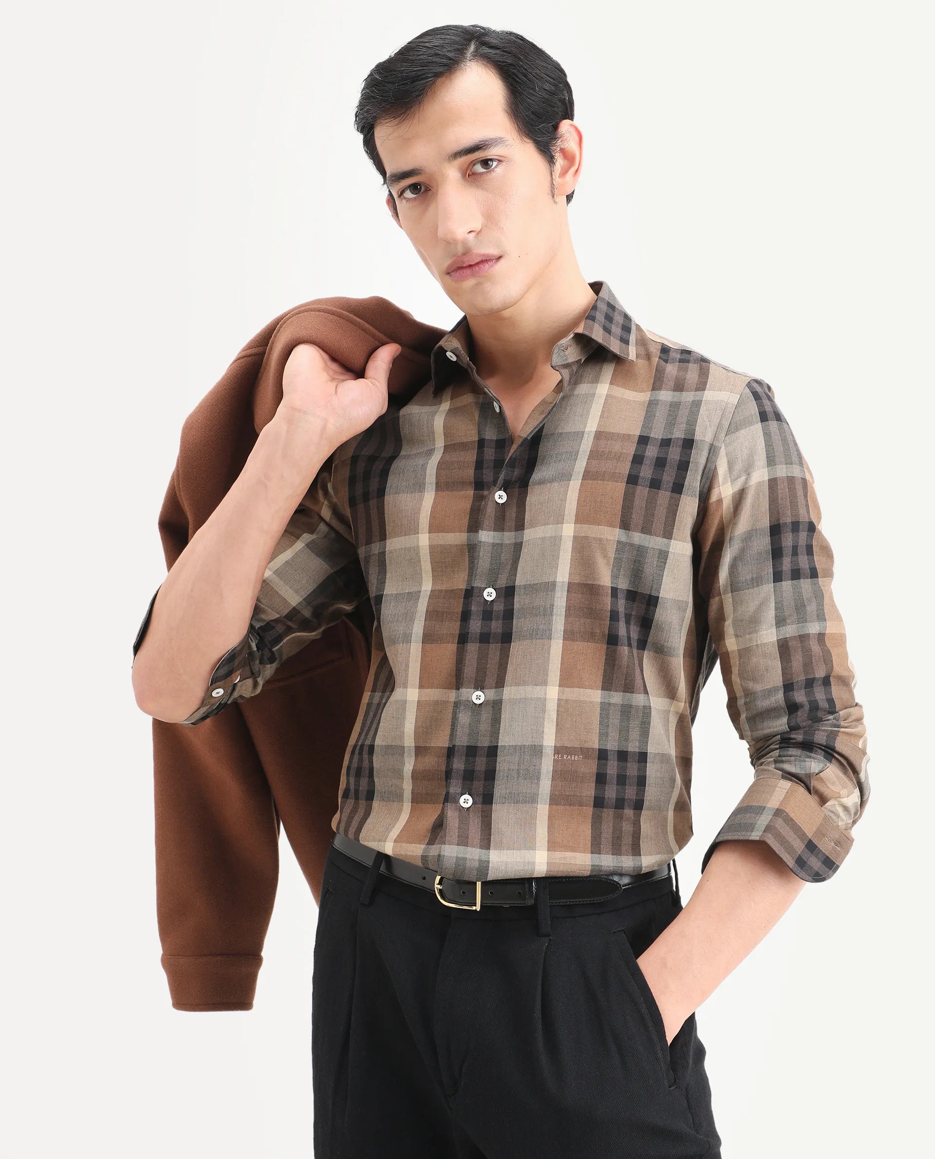 Rare Rabbit Men's Herti Brown Cotton Fabric Full Sleeve Spread Collar Regular Fit Checked Shirt