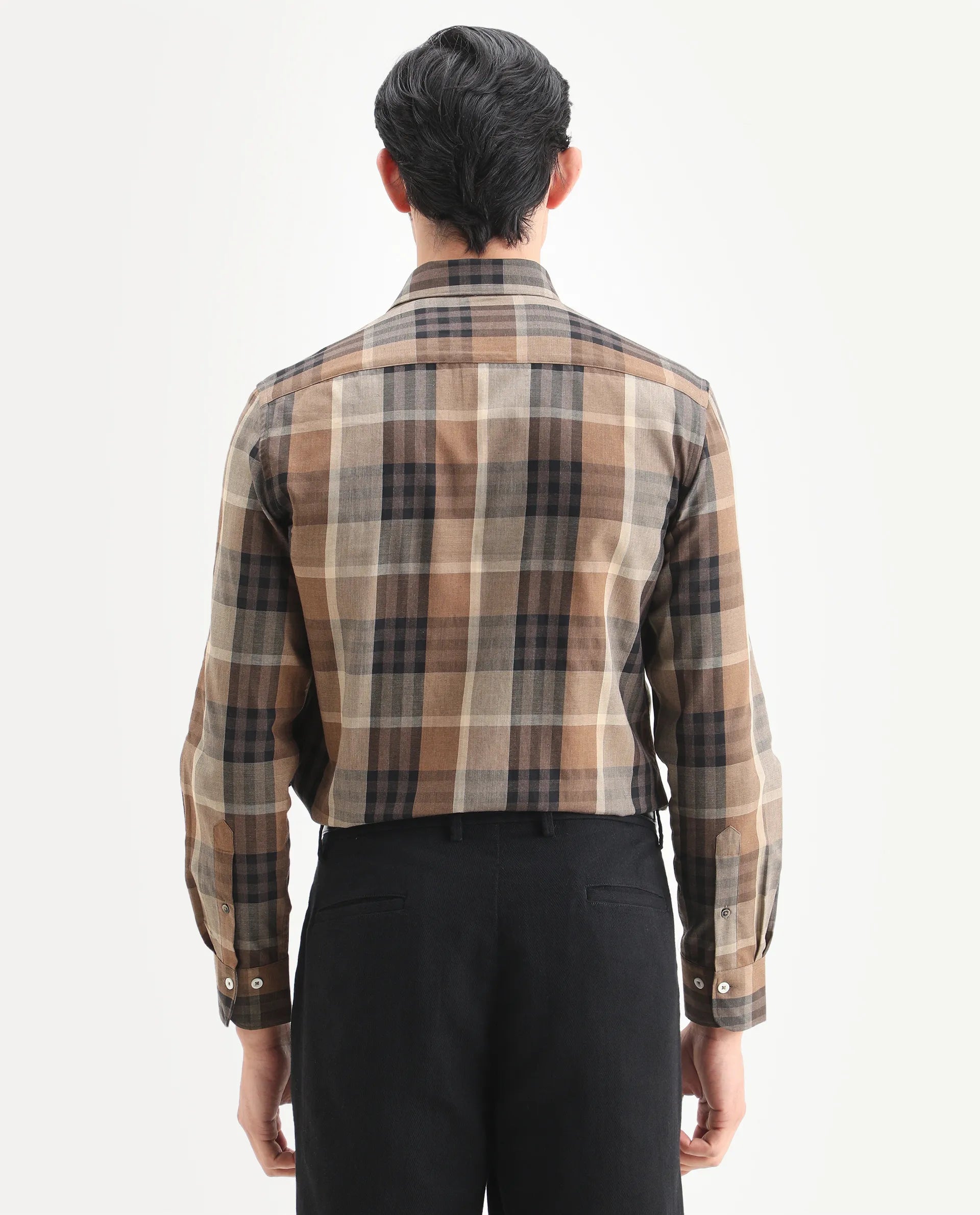 Rare Rabbit Men's Herti Brown Cotton Fabric Full Sleeve Spread Collar Regular Fit Checked Shirt