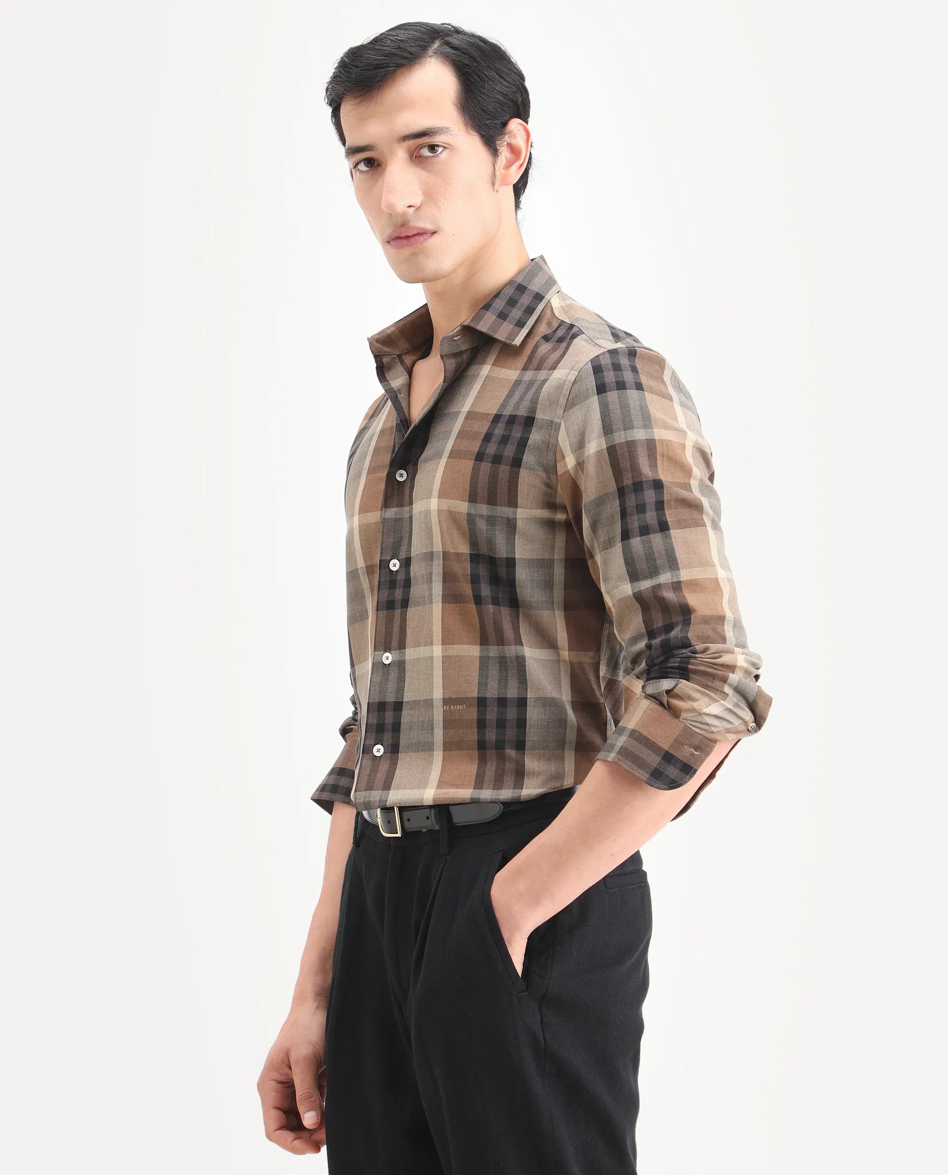 Rare Rabbit Men's Herti Brown Cotton Fabric Full Sleeve Spread Collar Regular Fit Checked Shirt
