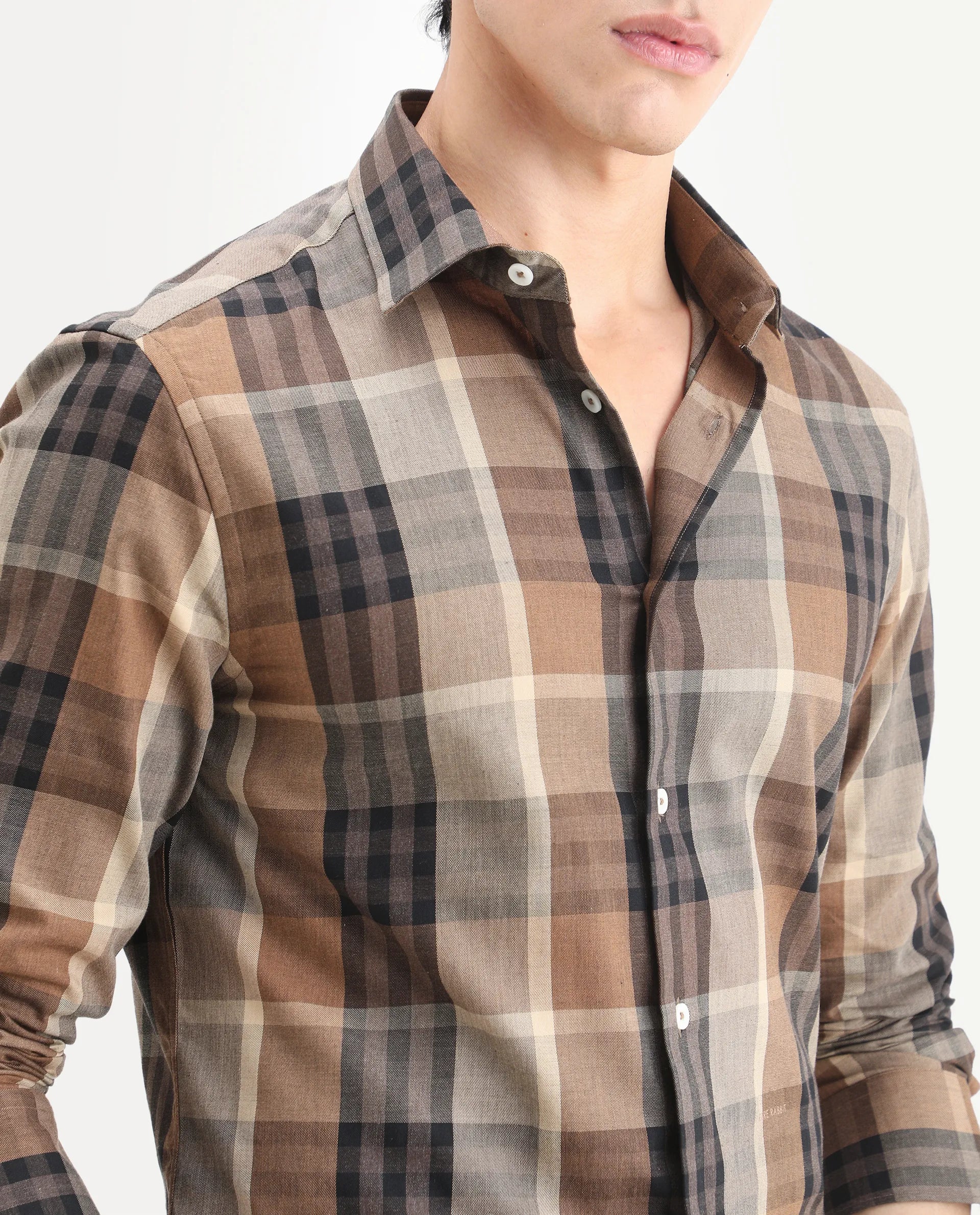 Rare Rabbit Men's Herti Brown Cotton Fabric Full Sleeve Spread Collar Regular Fit Checked Shirt