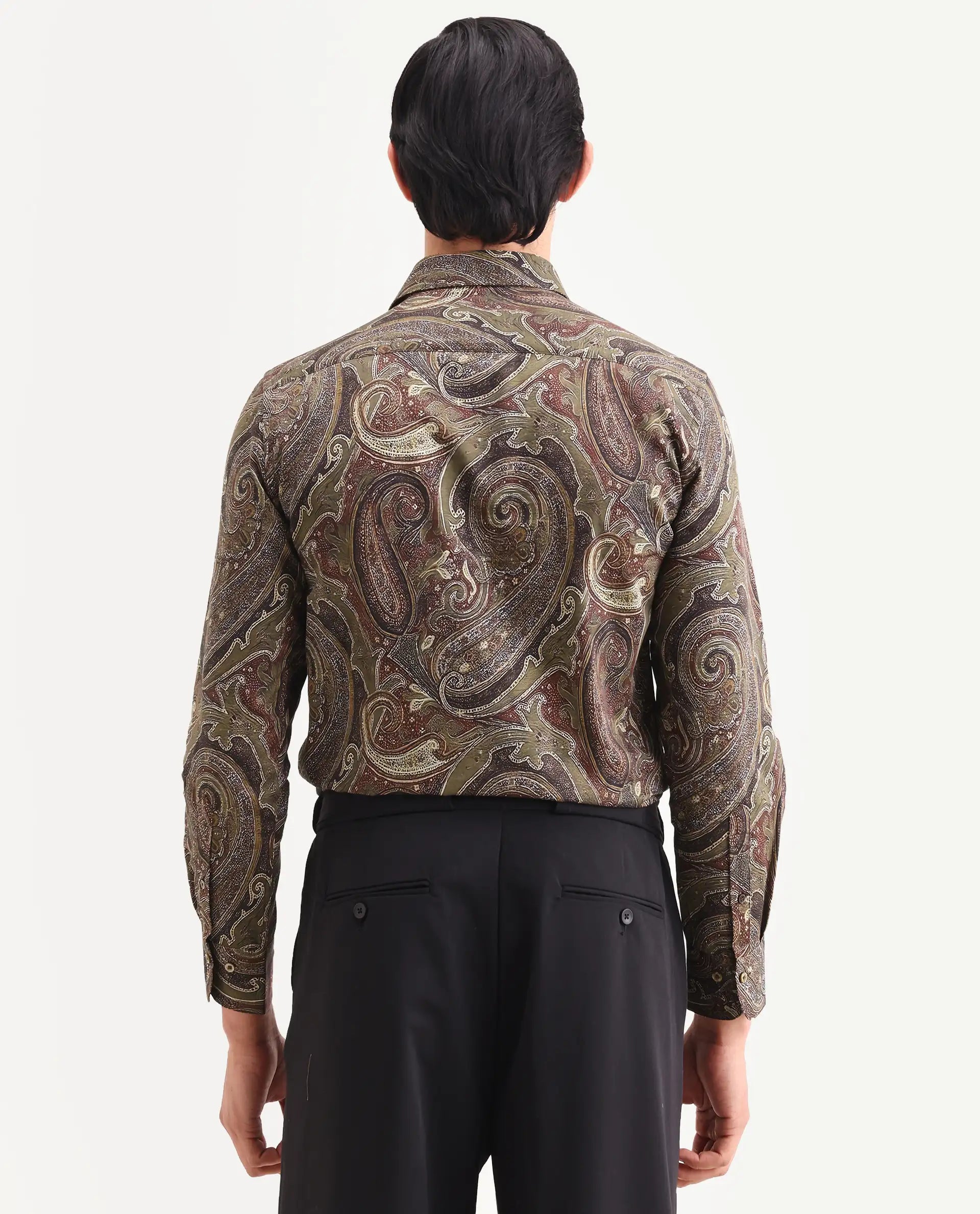 Rare Rabbit Men's Riko Dusky Green Cotton Fabric Full Sleeve Spread Collar Regular Fit Paisley Shirt