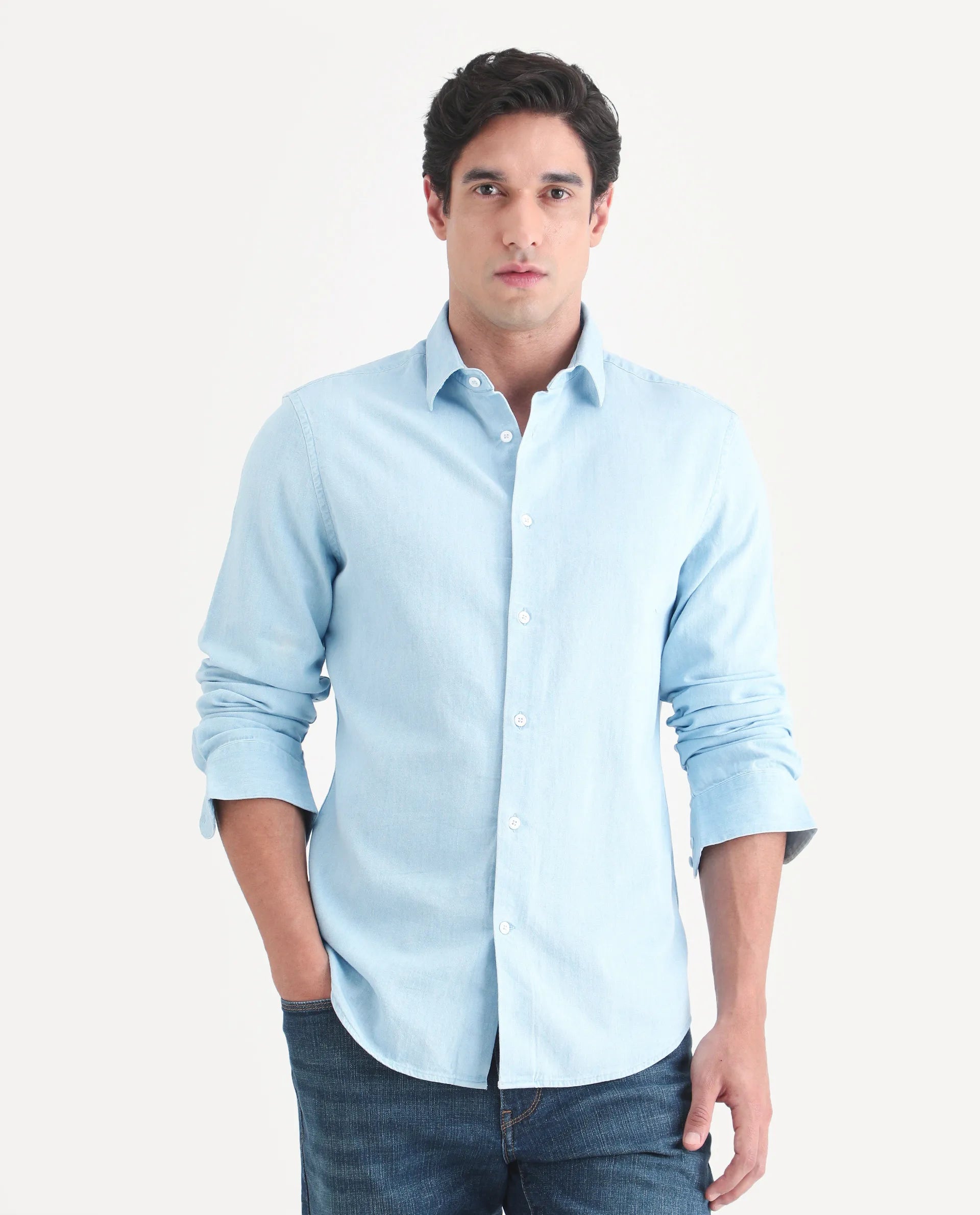 Rare Rabbit Men's Dami Light Blue Cotton Fabric Full Sleeve Spread Collar Regular Fit Plain Denim Shirt