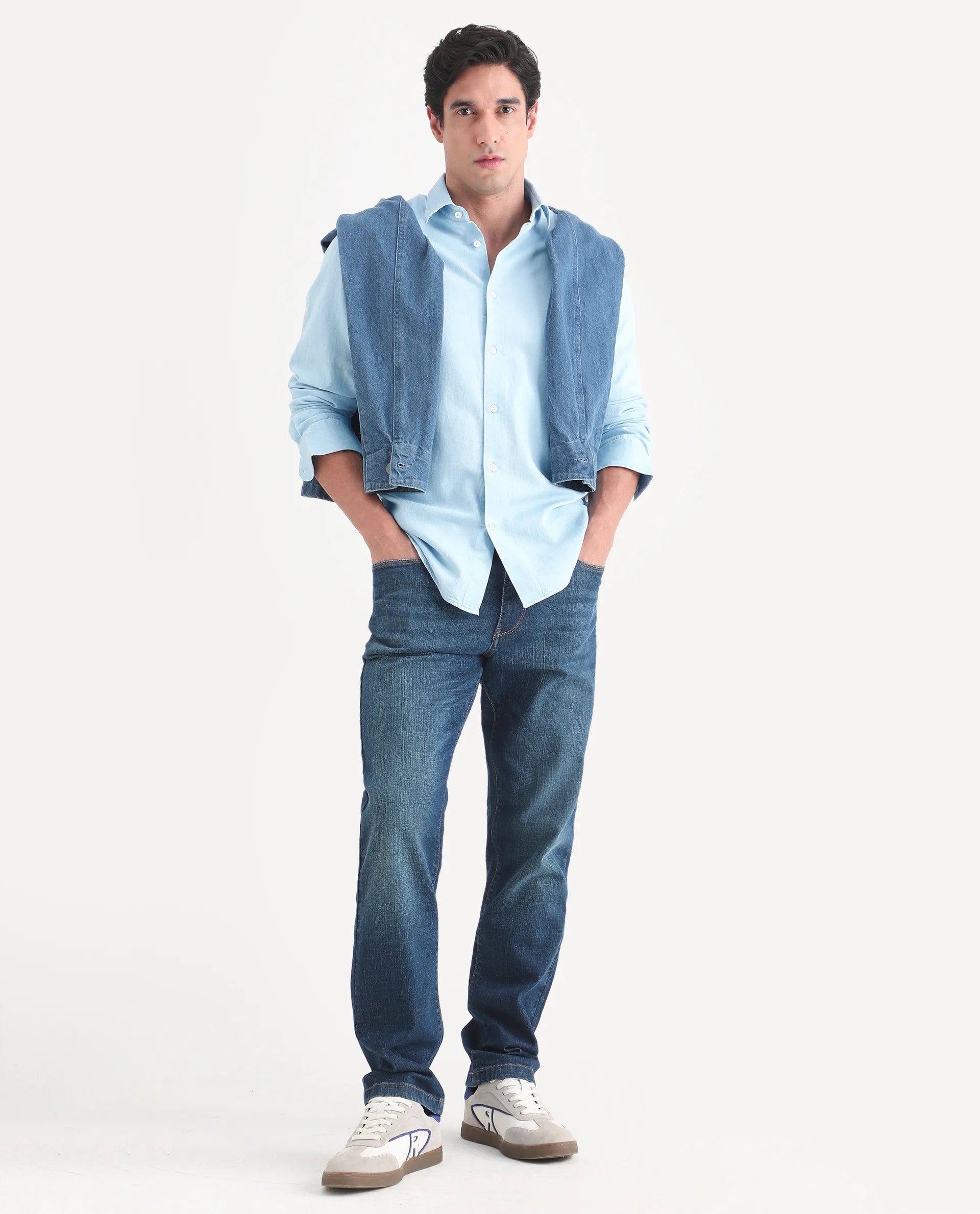 Rare Rabbit Men's Dami Light Blue Cotton Fabric Full Sleeve Spread Collar Regular Fit Plain Denim Shirt