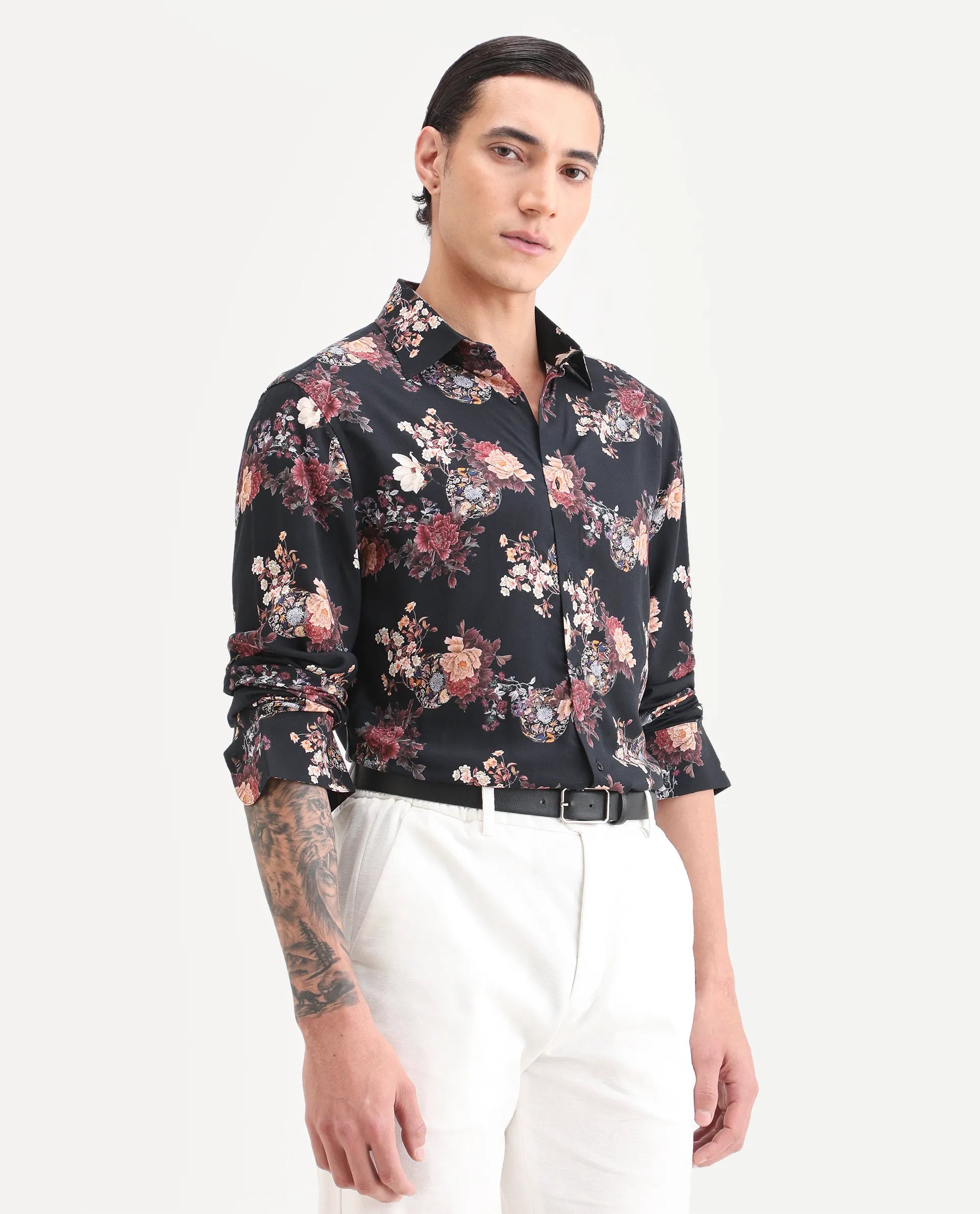 Rare Rabbit Men's Twel Black Viscose Fabric Full Sleeve Spread Collar Regular Fit Floral Print Shirt