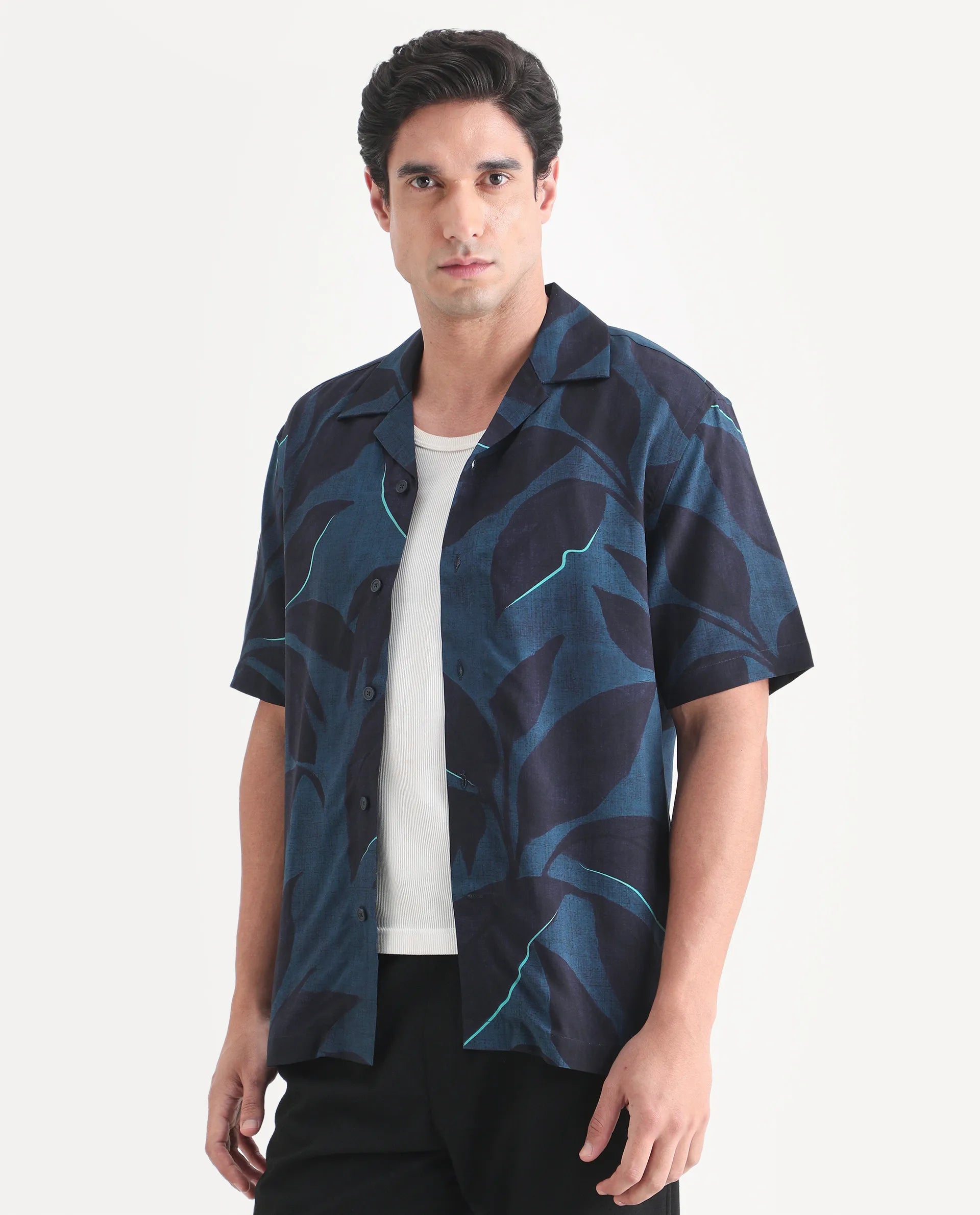 Rare Rabbit Men's Wesh Navy Viscose Fabric Half Sleeve Cuban Collar Regular Fit Tropical Print Shirt
