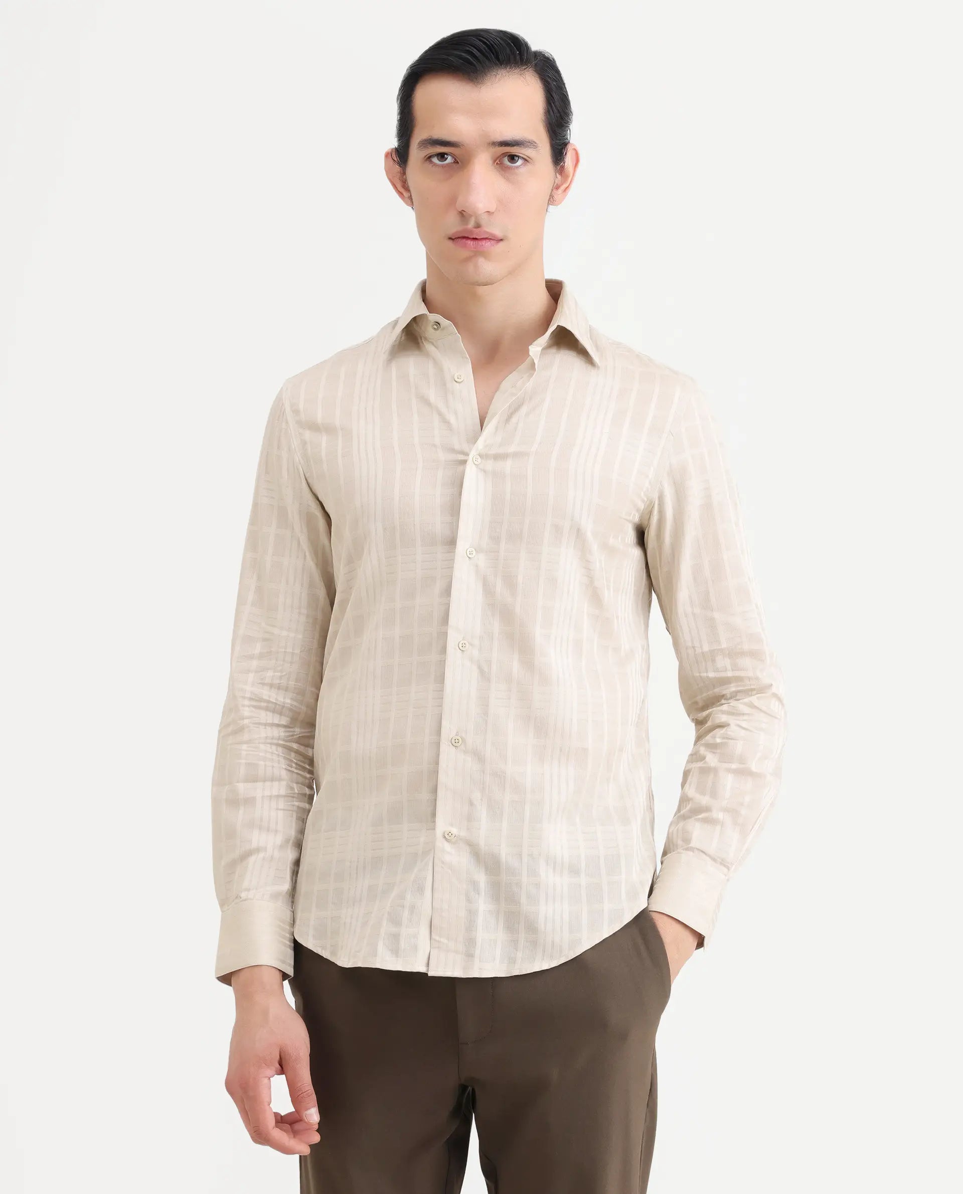 Rare Rabbit Men's Ford Beige Cotton Fabric Full Sleeve Spread Collar Regular Fit Checked Shirt