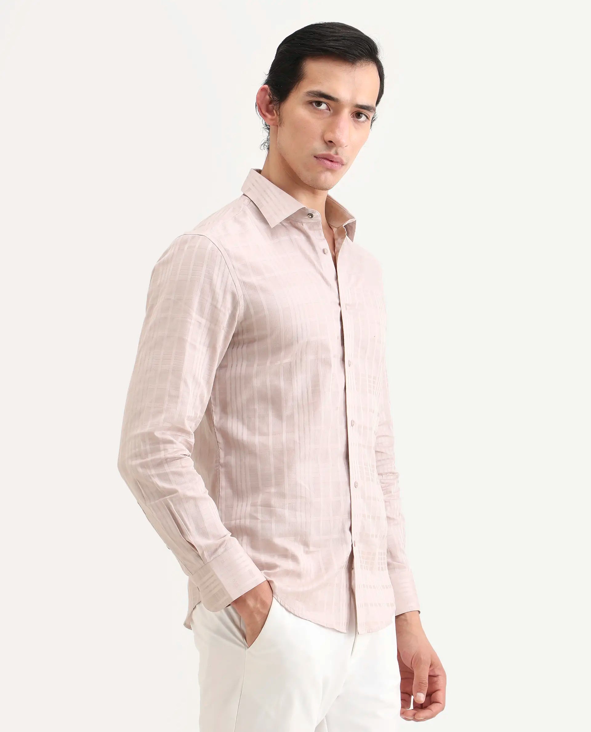 Rare Rabbit Men's Ford Dusky Pink Cotton Fabric Full Sleeve Spread Collar Regular Fit Checked Shirt