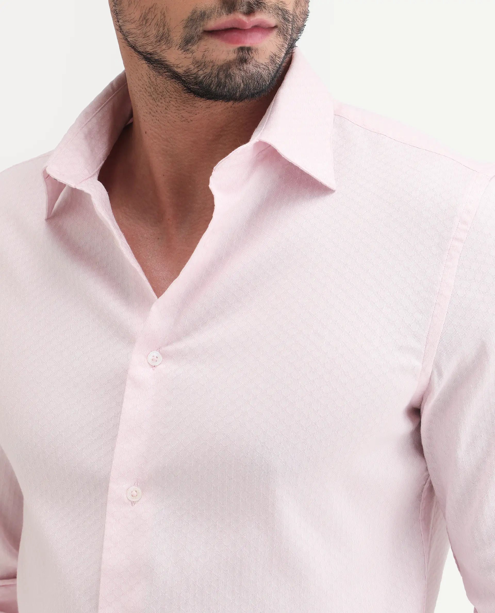 Rare Rabbit Men's Gleny-26 Pastel Pink Cotton Blend Fabric Full Sleeve Collared Regular Fit Textured Shirt