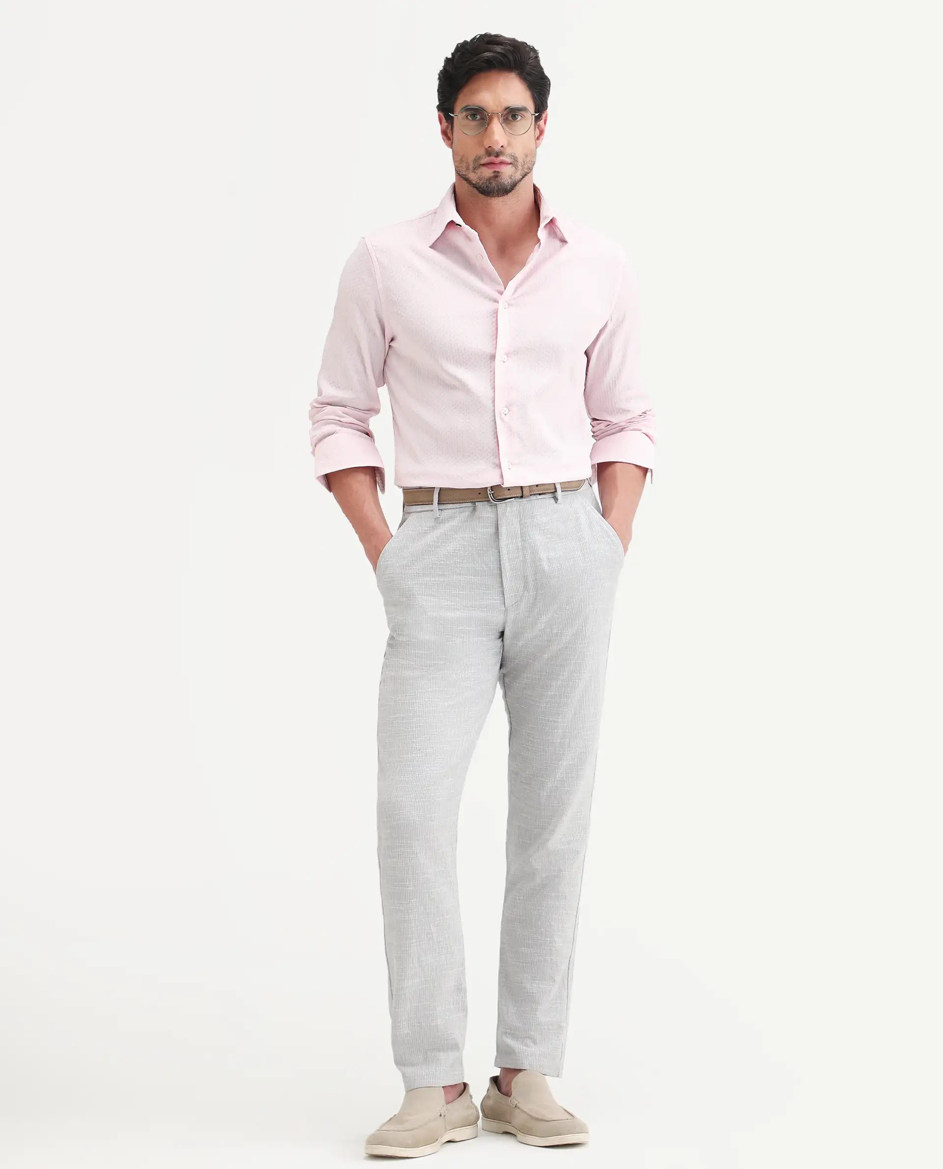 Rare Rabbit Men's Gleny-26 Pastel Pink Cotton Blend Fabric Full Sleeve Collared Regular Fit Textured Shirt