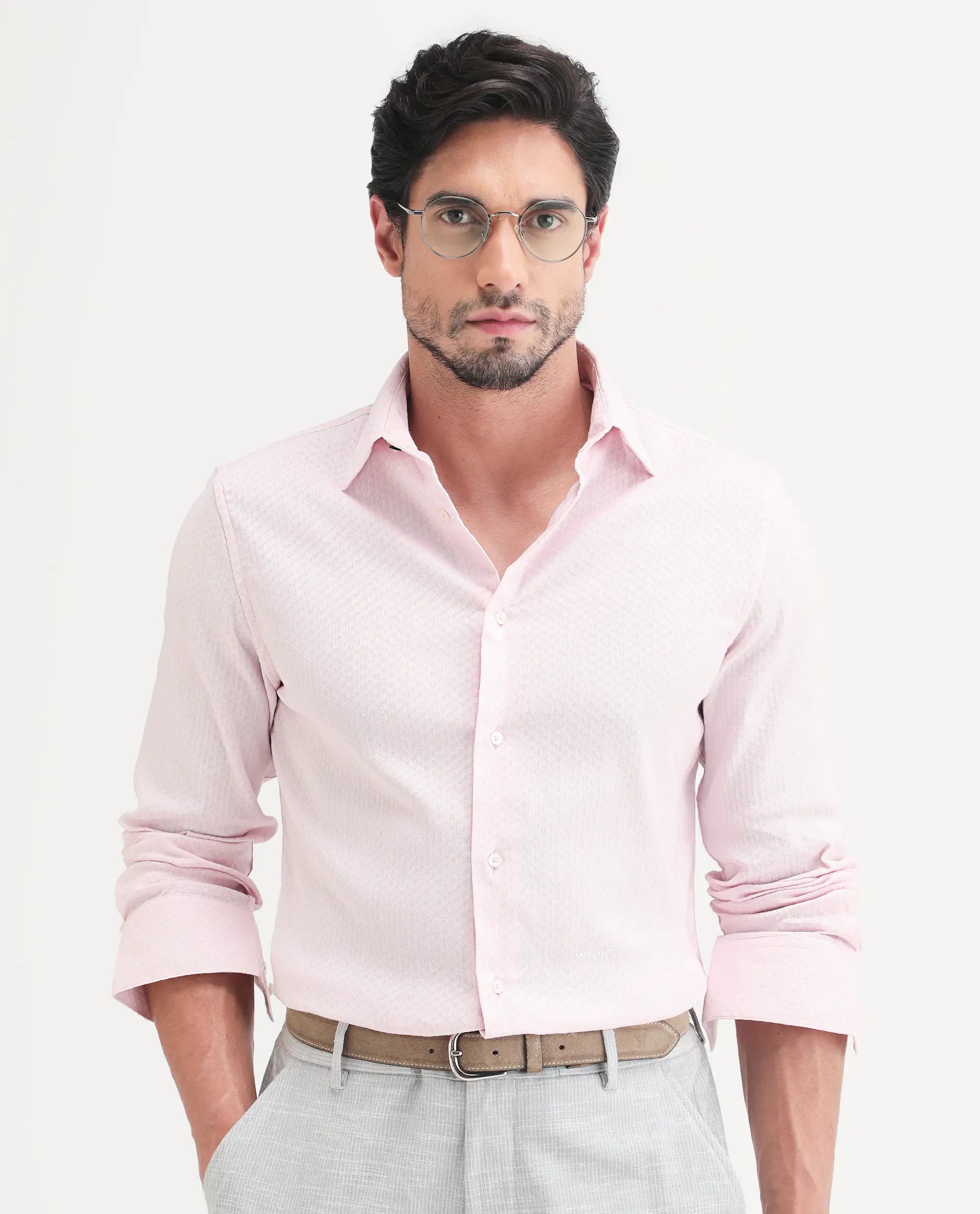 Rare Rabbit Men's Gleny-26 Pastel Pink Cotton Blend Fabric Full Sleeve Collared Regular Fit Textured Shirt