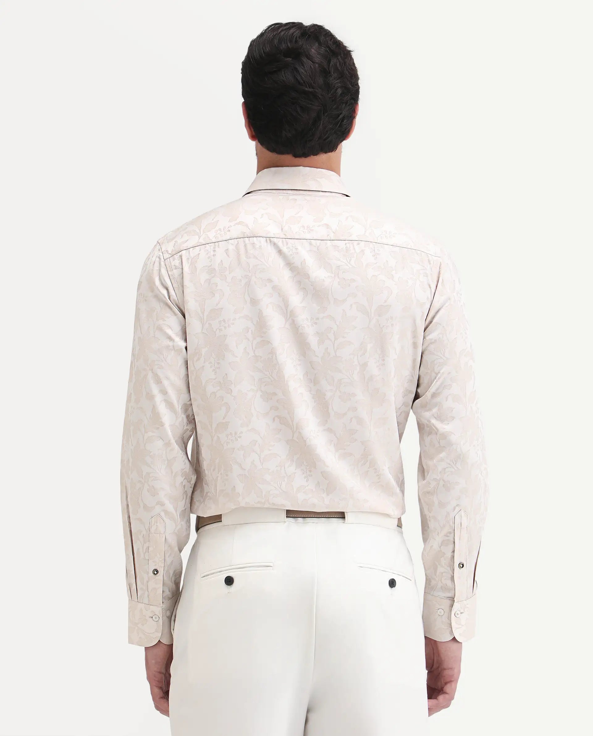 Rare Rabbit Men's Ringer Ls 26 Light Beige Polyester Blend Fabric Full Sleeve Spread Collar Regular Fit Jacquard Shirt