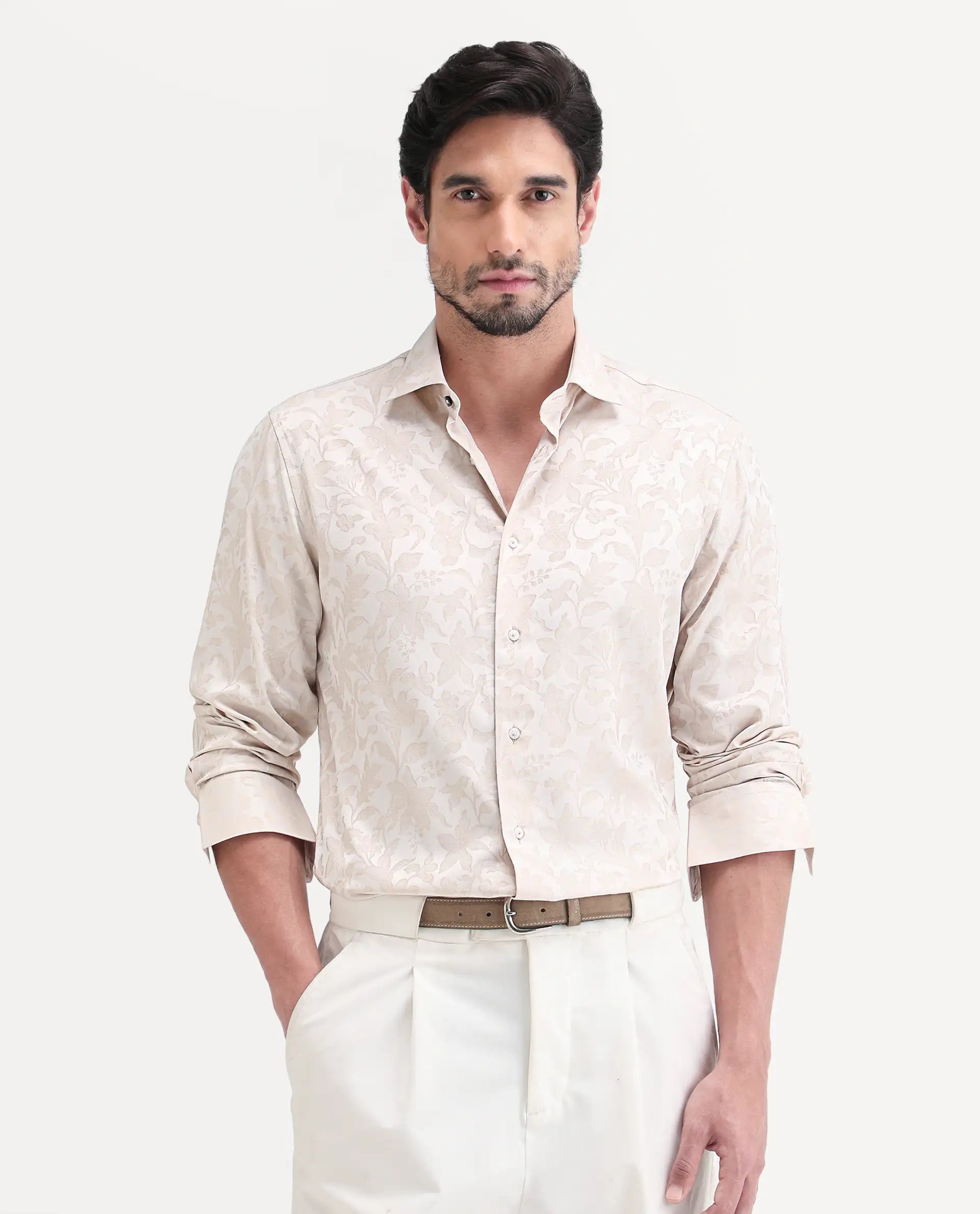 Rare Rabbit Men's Ringer Ls 26 Light Beige Polyester Blend Fabric Full Sleeve Spread Collar Regular Fit Jacquard Shirt