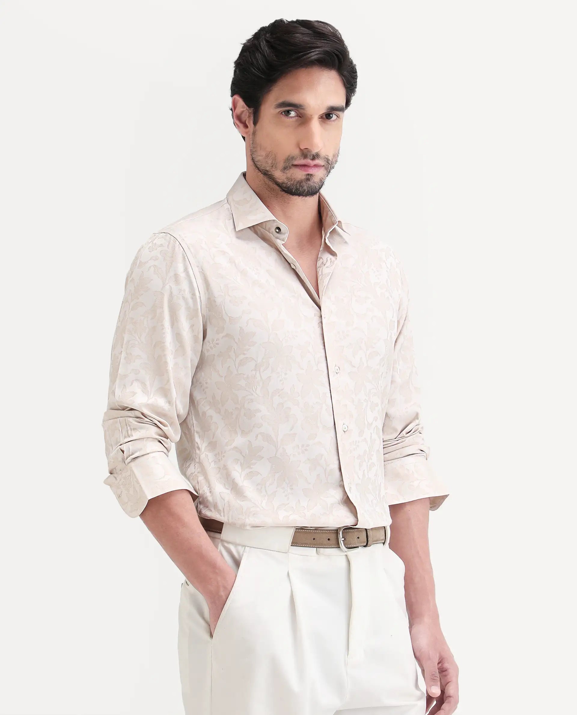 Rare Rabbit Men's Ringer Ls 26 Light Beige Polyester Blend Fabric Full Sleeve Spread Collar Regular Fit Jacquard Shirt