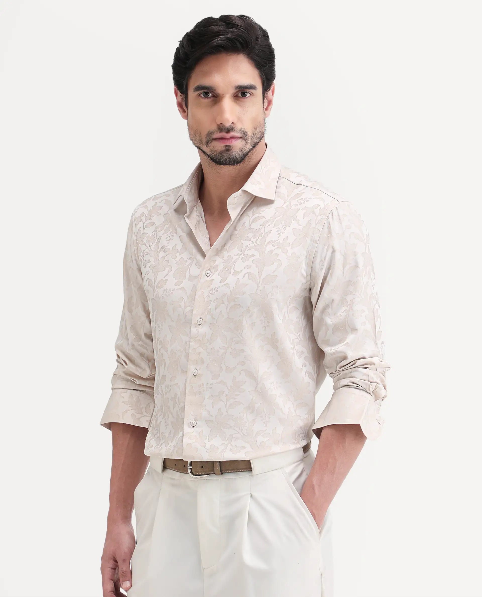 Rare Rabbit Men's Ringer Ls 26 Light Beige Polyester Blend Fabric Full Sleeve Spread Collar Regular Fit Jacquard Shirt