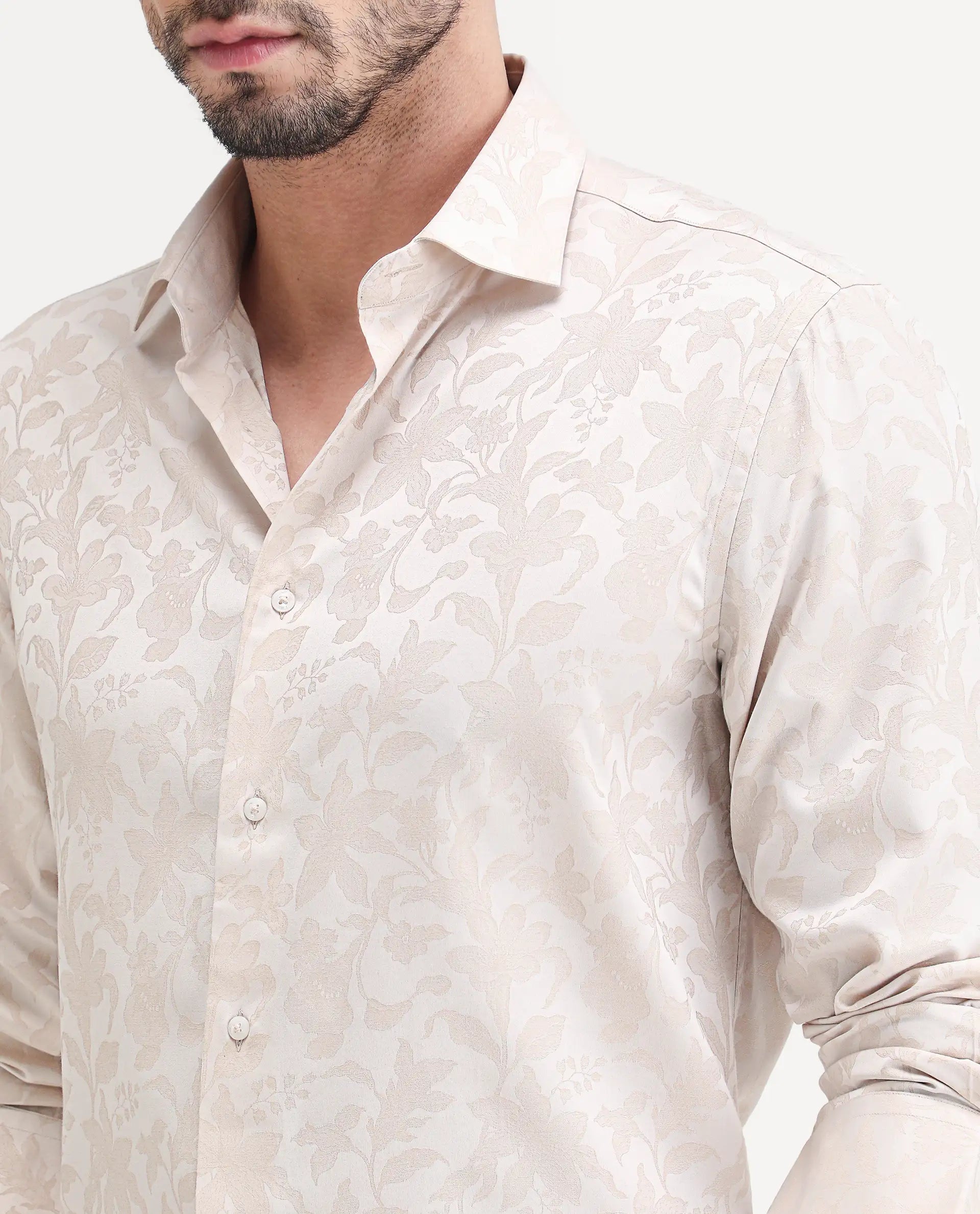 Rare Rabbit Men's Ringer Ls 26 Light Beige Polyester Blend Fabric Full Sleeve Spread Collar Regular Fit Jacquard Shirt