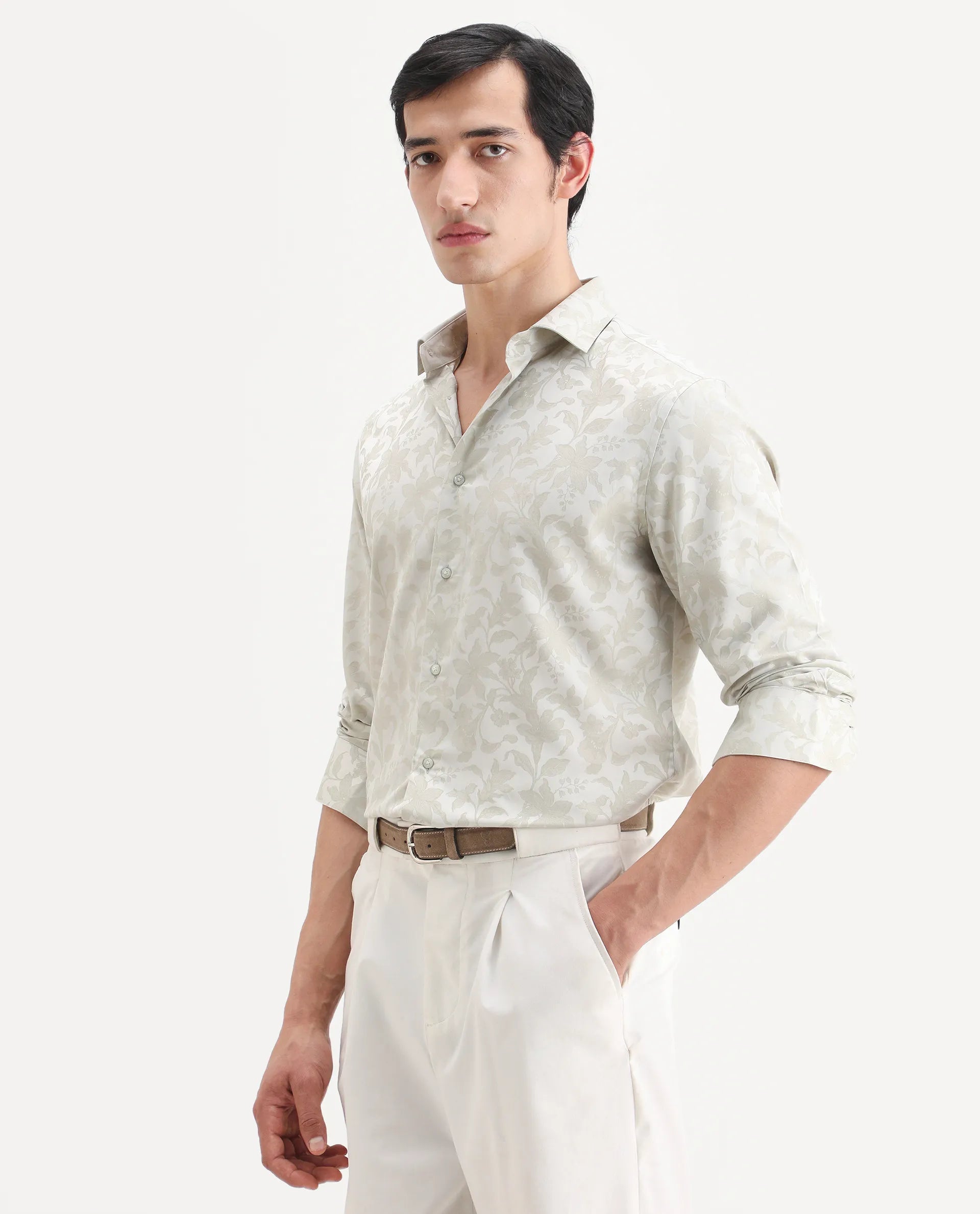 Rare Rabbit Men's Ringer Ls 26 Pastel Green Polyester Blend Fabric Full Sleeve Spread Collar Regular Fit Jacquard Shirt