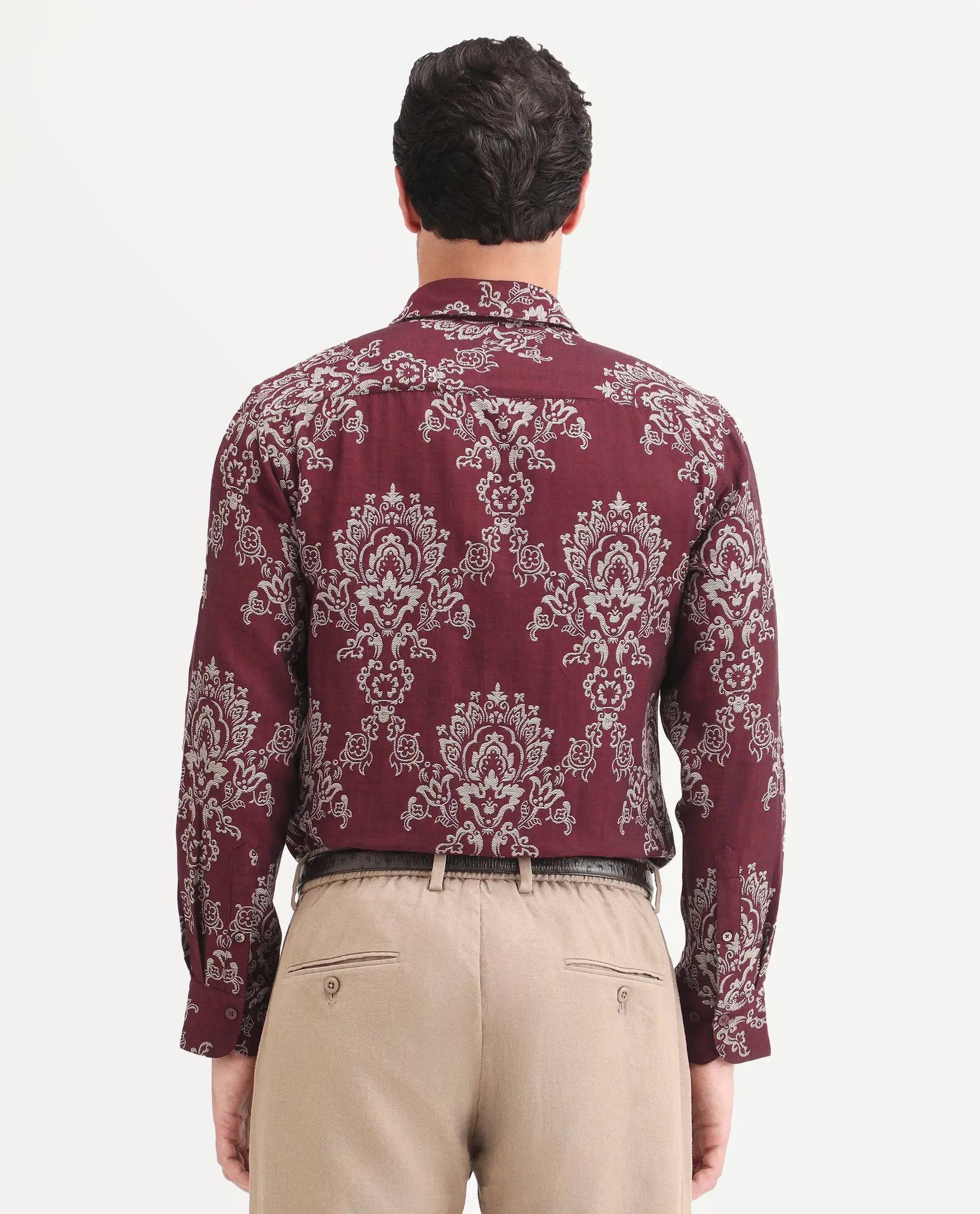Rare Rabbit Men's Tiel Red Cotton Fabric Full Sleeve Spread Collar Button Regular Fit Jacquard Shirt