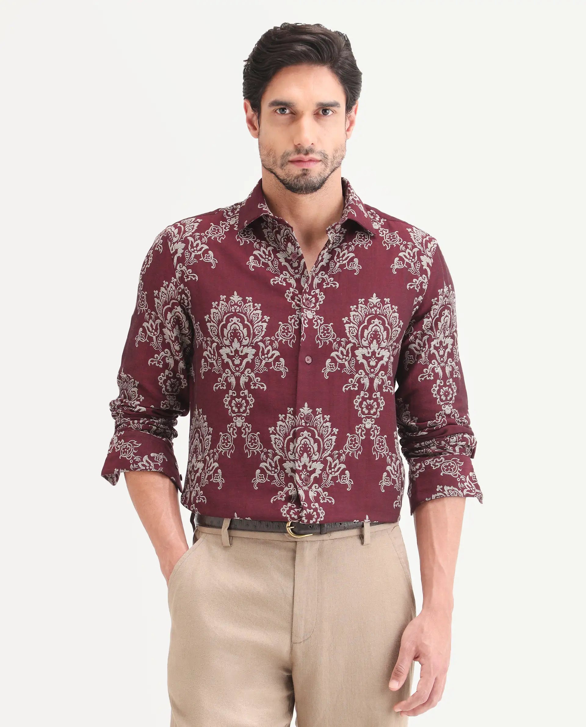 Rare Rabbit Men's Tiel Red Cotton Fabric Full Sleeve Spread Collar Button Regular Fit Jacquard Shirt