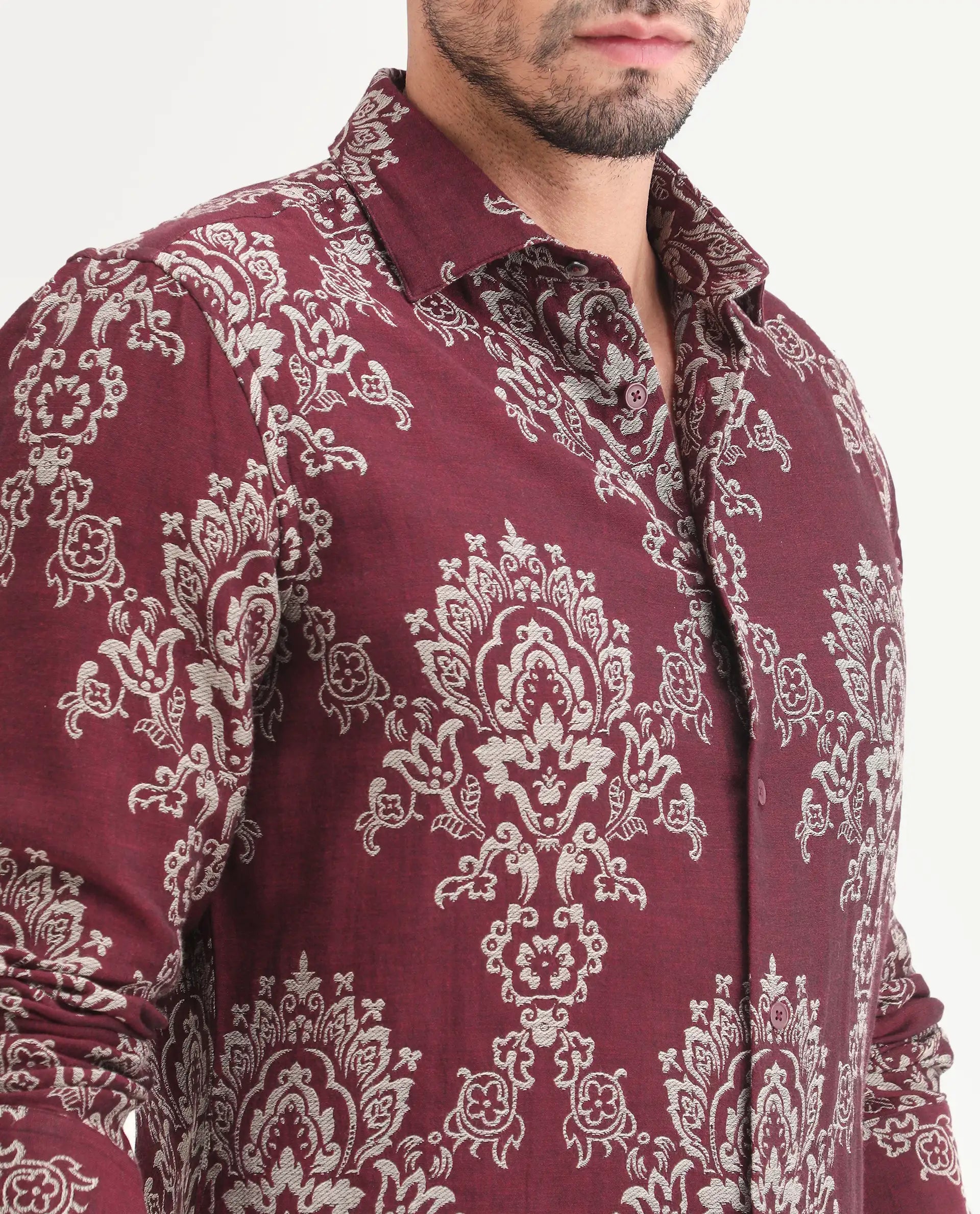 Rare Rabbit Men's Tiel Red Cotton Fabric Full Sleeve Spread Collar Button Regular Fit Jacquard Shirt