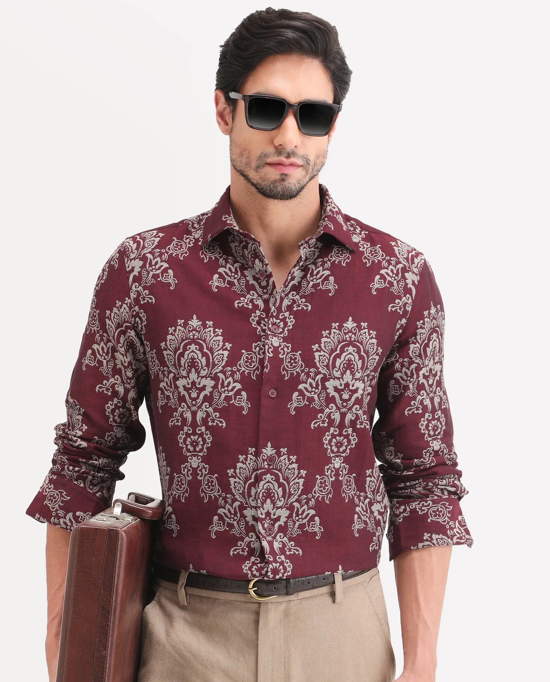 Rare Rabbit Men's Tiel Red Cotton Fabric Full Sleeve Spread Collar Button Regular Fit Jacquard Shirt