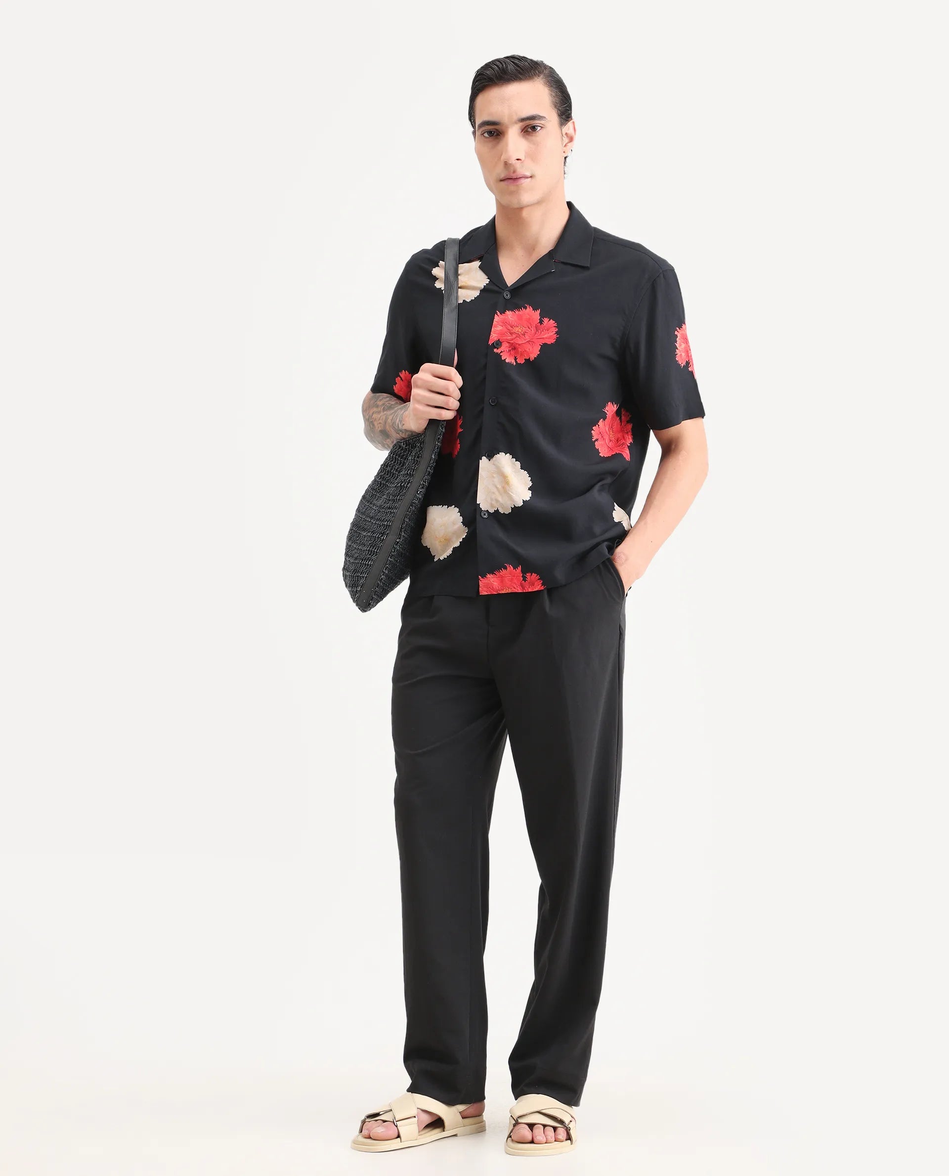 Rare Rabbit Men's Nulk Black Viscose Fabric Half Sleeve Spread Collar Regular Fit Floral Print Shirt