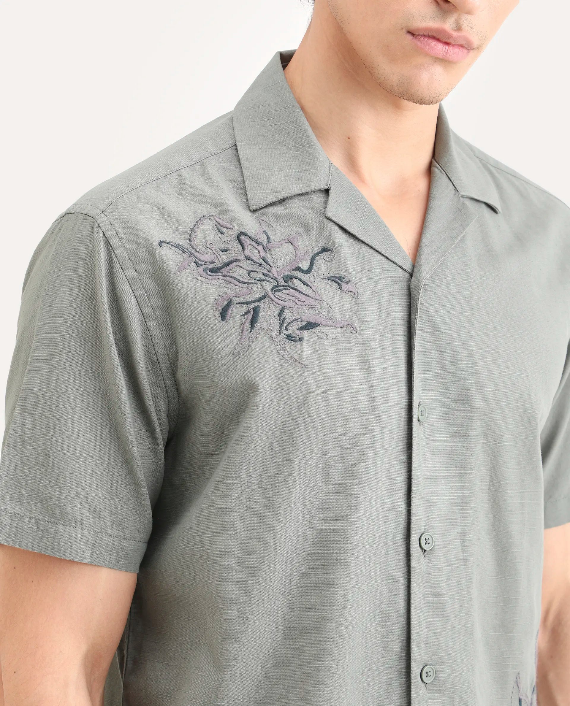 Rare Rabbit Men's Plem Dusky Blue Linen Blend Fabric Half Sleeve Cuban Collar Relaxed Fit Embroidered Shirt