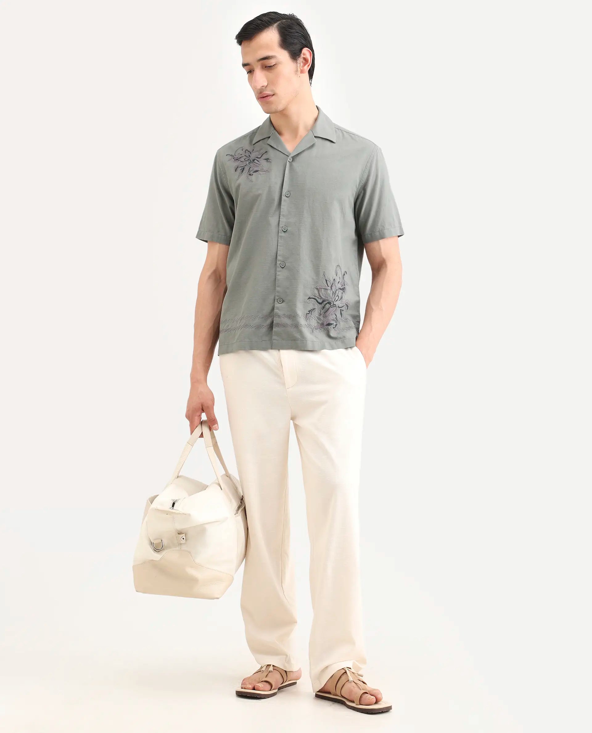 Rare Rabbit Men's Plem Dusky Blue Linen Blend Fabric Half Sleeve Cuban Collar Relaxed Fit Embroidered Shirt
