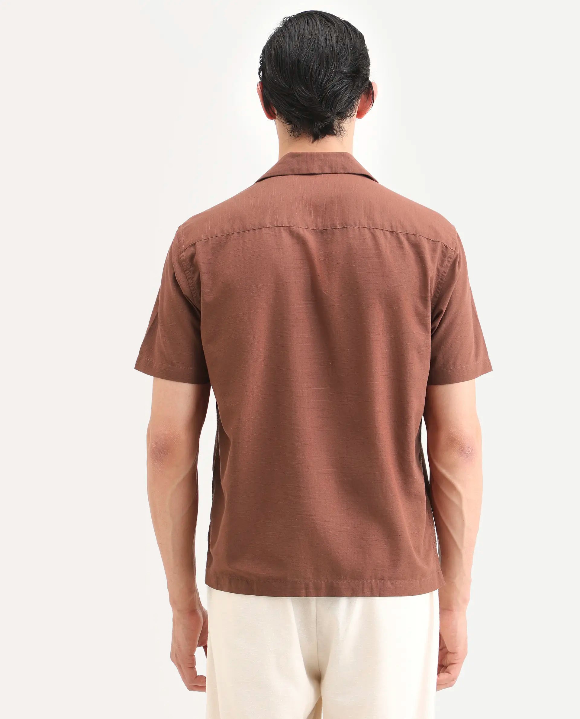 Rare Rabbit Men's Plem Brown Cotton Blend Fabric Half Sleeve Cuban Collar Relaxed Fit Embroidered Shirt