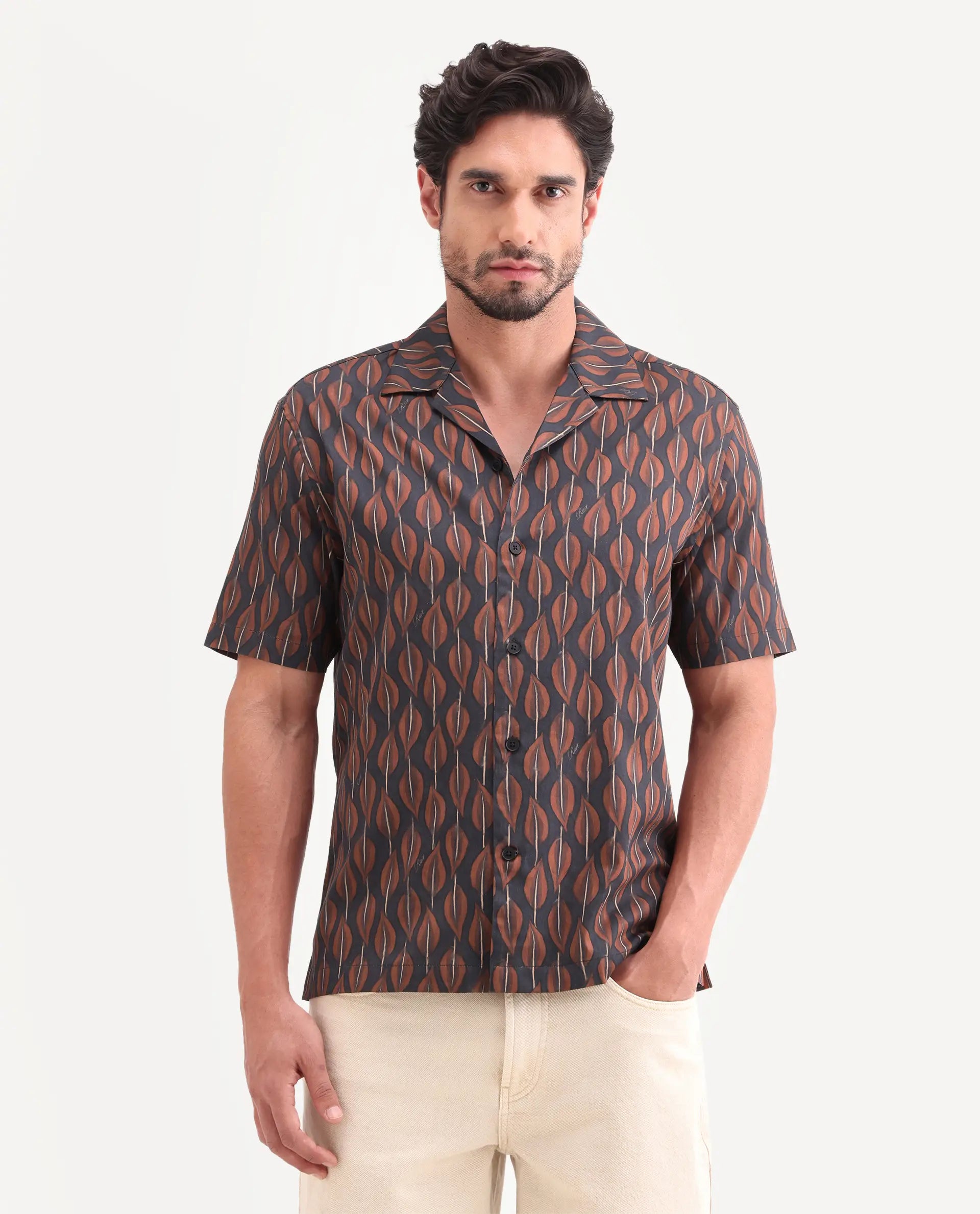 Rare Rabbit Men's Zuly Black Cotton Fabric Half Sleeve Spread Collar Regular Fit Tropical Print Shirt