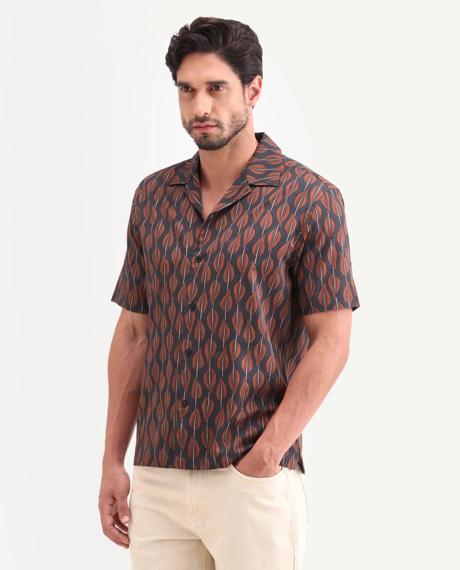 Rare Rabbit Men's Zuly Black Cotton Fabric Half Sleeve Spread Collar Regular Fit Tropical Print Shirt