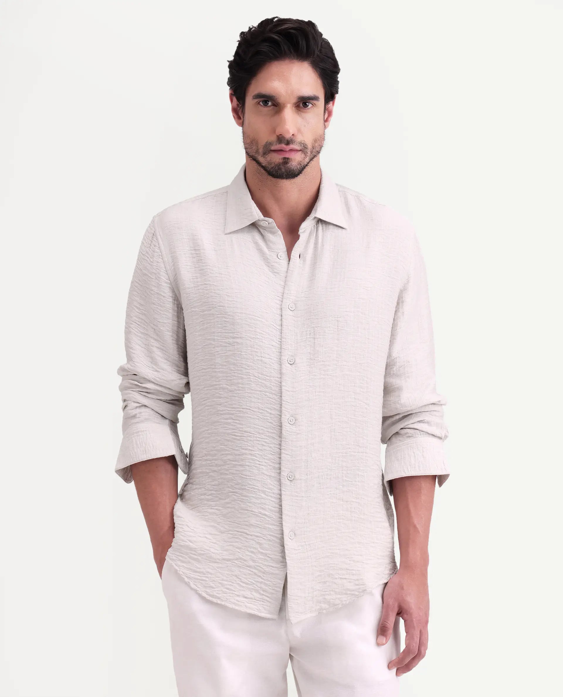 Rare Rabbit Men's Veon-Ls Off White Viscose Blend Fabric Full Sleeve Spread Collar Regular Fit Plain Shirt