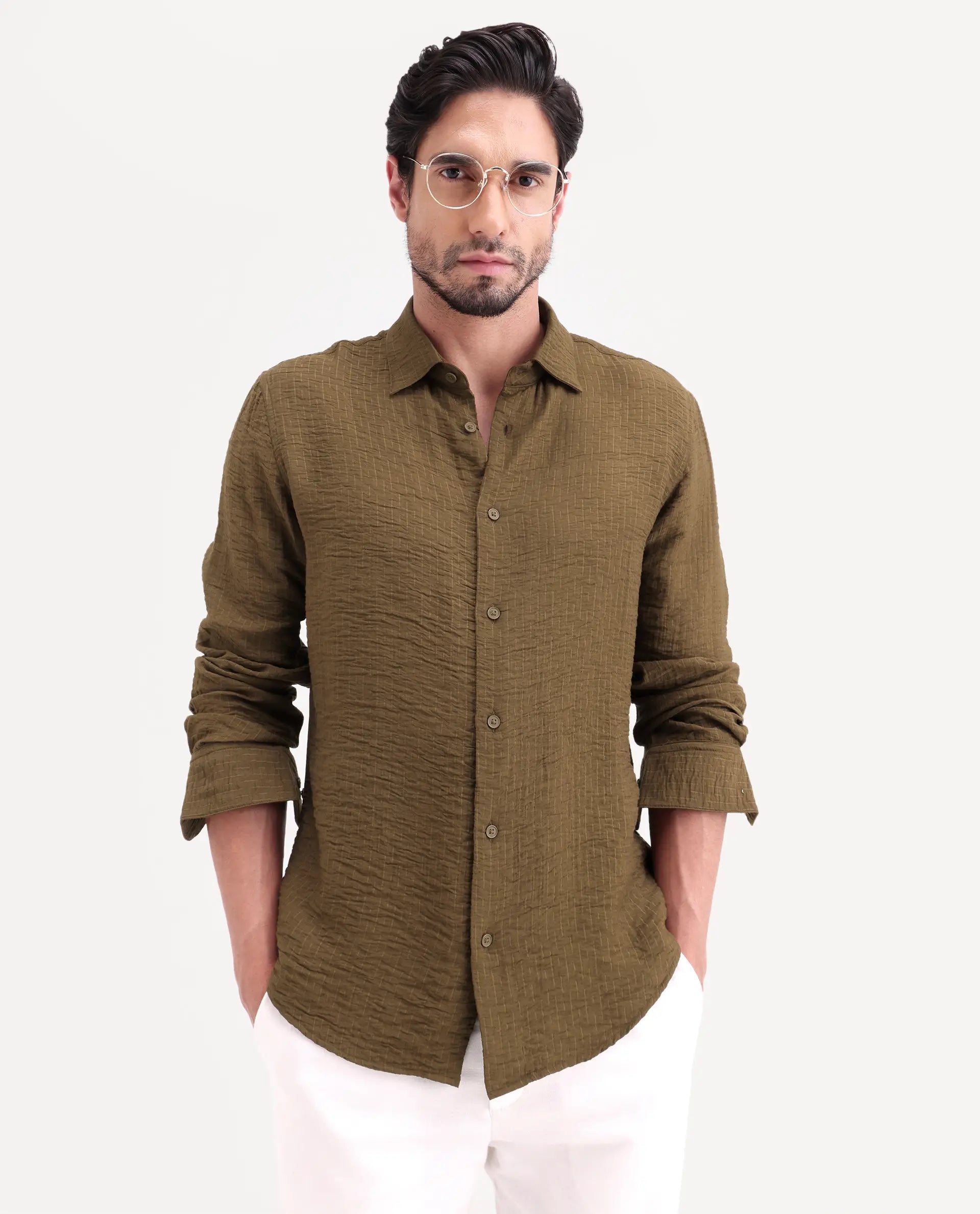 Rare Rabbit Men's Veon-Ls Olive Viscose Blend Fabric Full Sleeve Spread Collar Regular Fit Plain Shirt