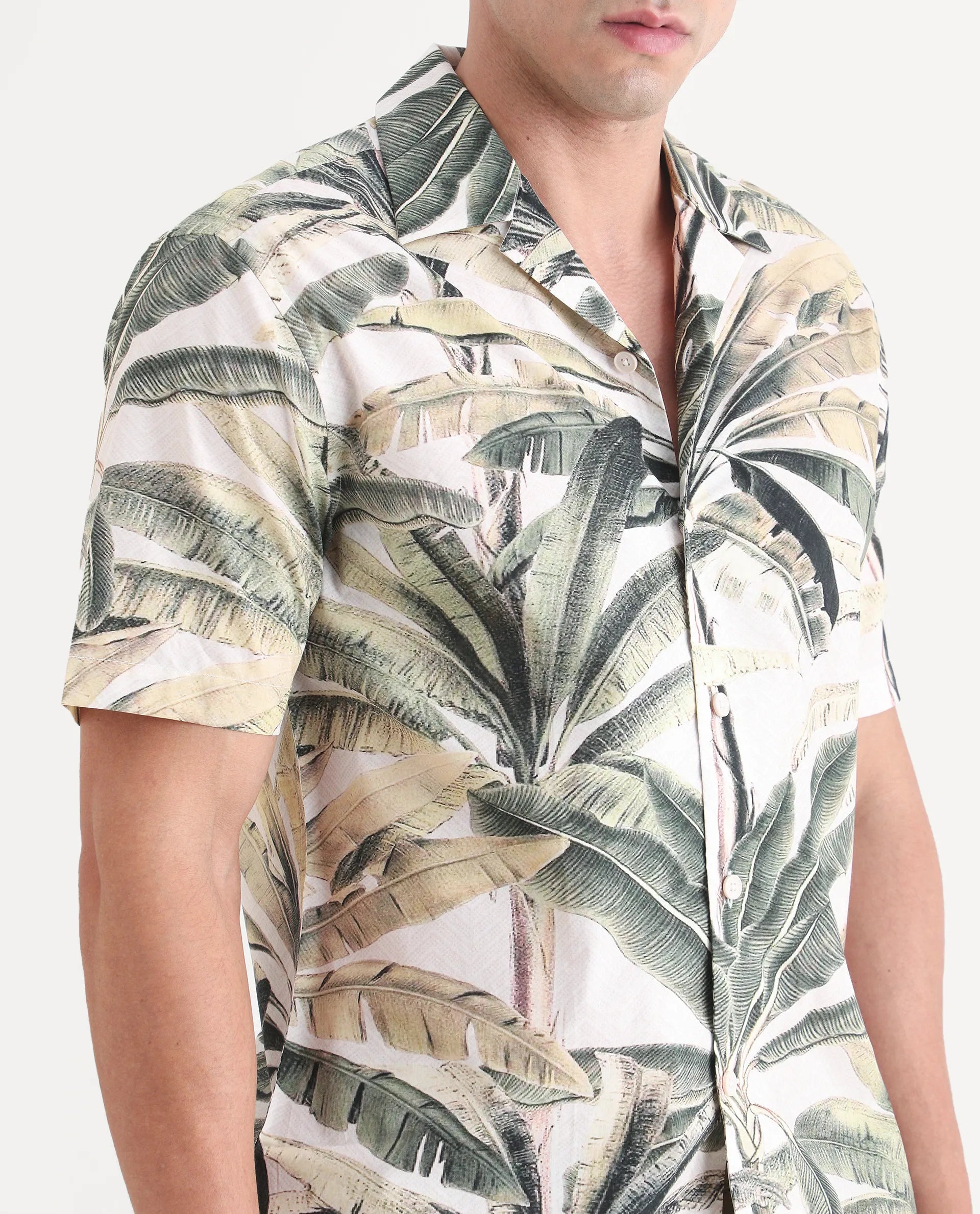 Rare Rabbit Men's Beau Beige Cotton Fabric Half Sleeve Cuban Collar Regular Fit Tropical Print Shirt