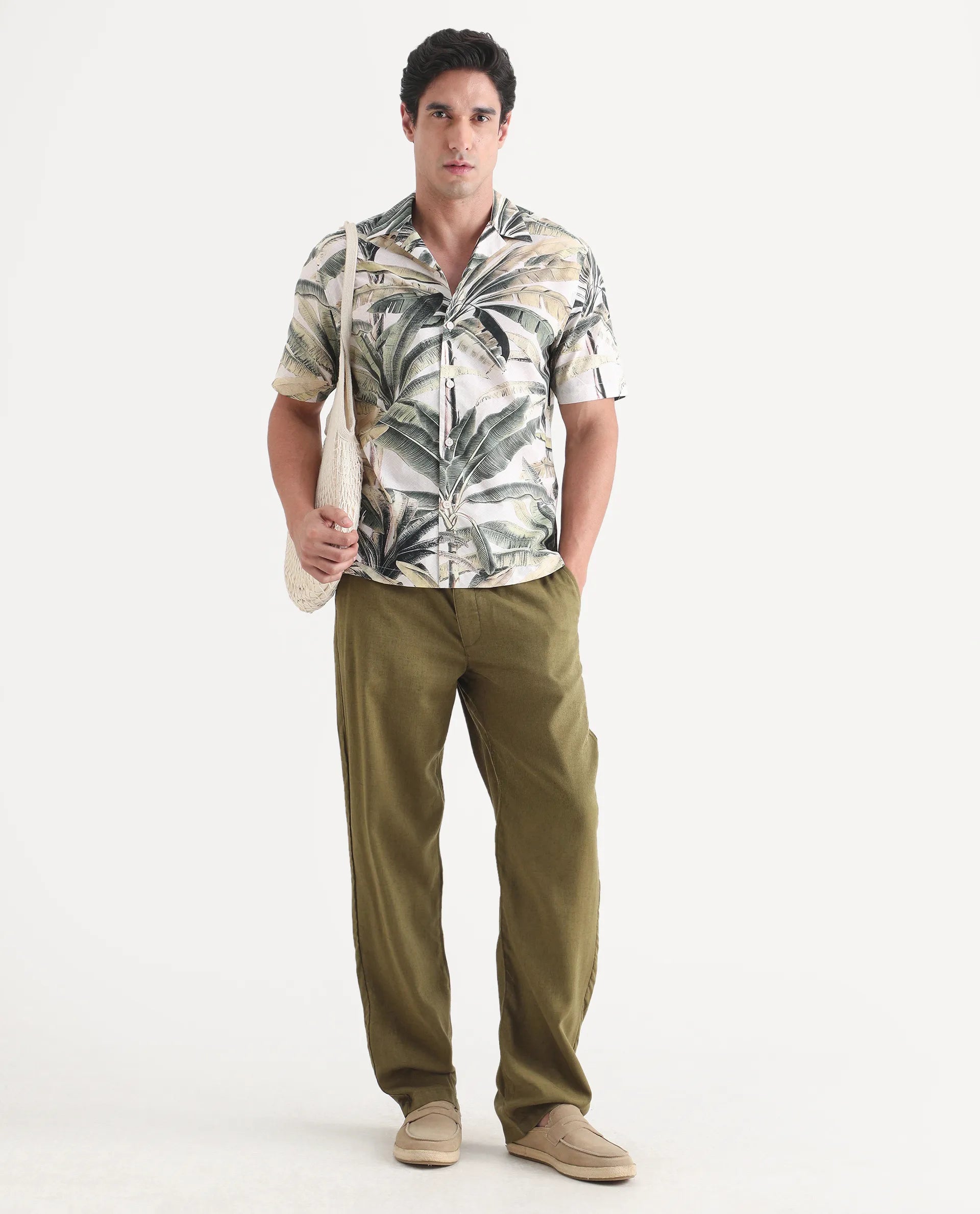 Rare Rabbit Men's Beau Beige Cotton Fabric Half Sleeve Cuban Collar Regular Fit Tropical Print Shirt
