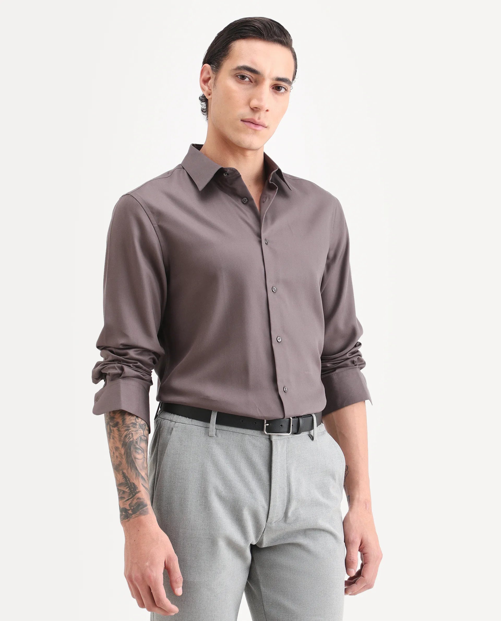Rare Rabbit Men's Dream Dusky Fawn Tencel Fabric Full Sleeve Spread Collar Morris Regular Fit Plain Shirt