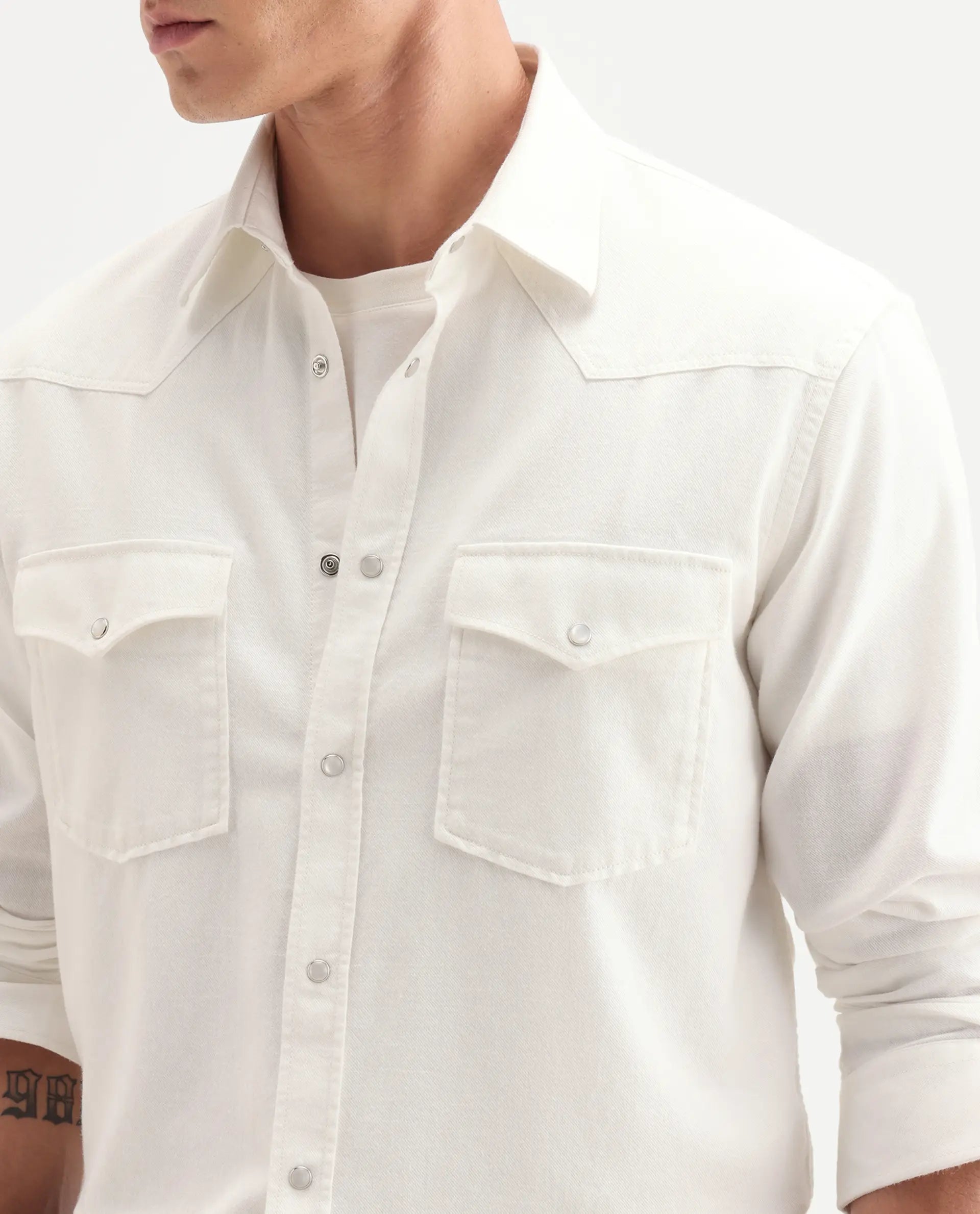 Rare Rabbit Men's Haxlr 26 Off White Cotton Blend Fabric Full Sleeve Spread Collar Snap Button Regular Fit Plain Shirt