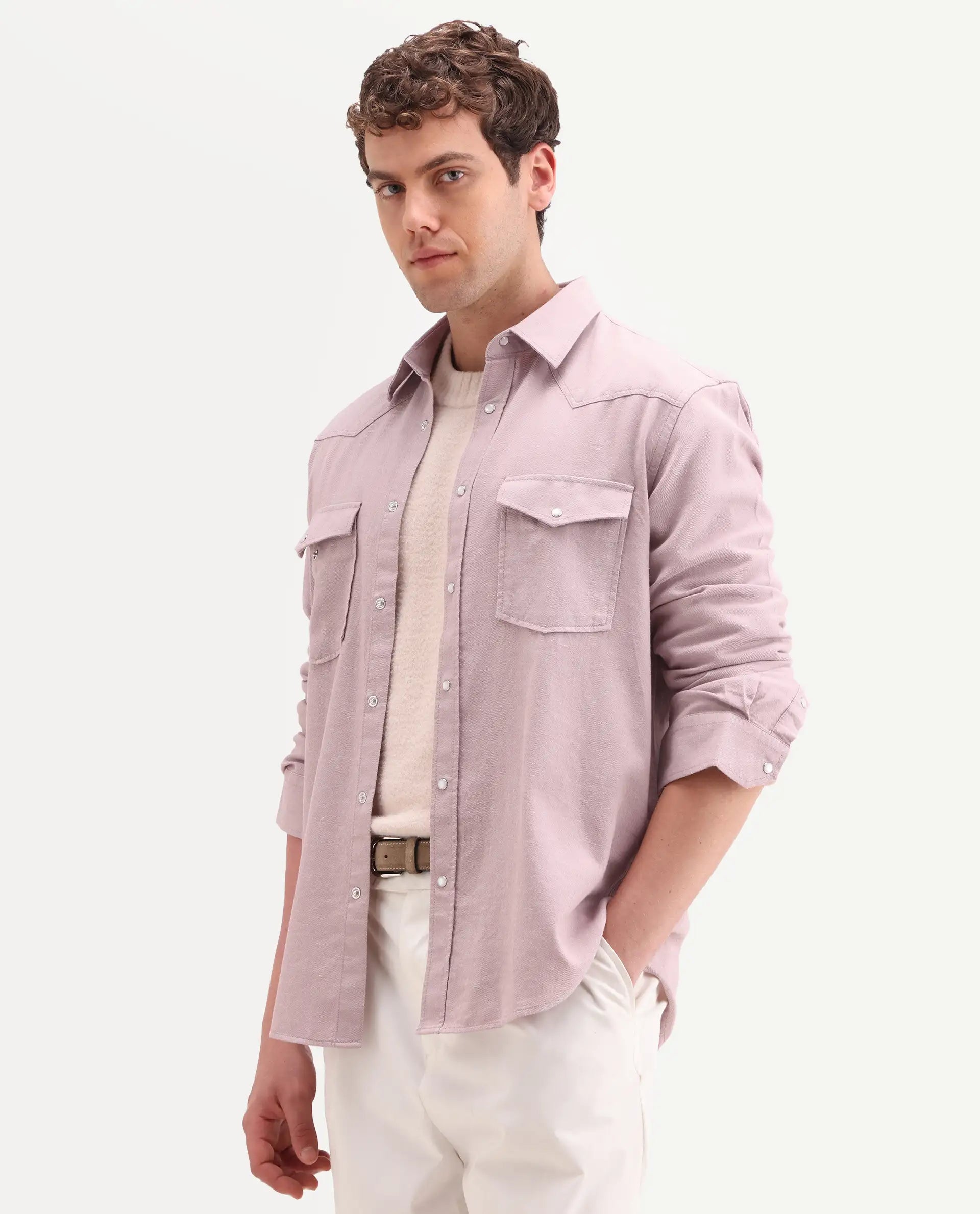Rare Rabbit Men's Haxlr 26 Dusky Pink Cotton Blend Fabric Full Sleeve Spread Collar Snap Button Regular Fit Plain Shirt