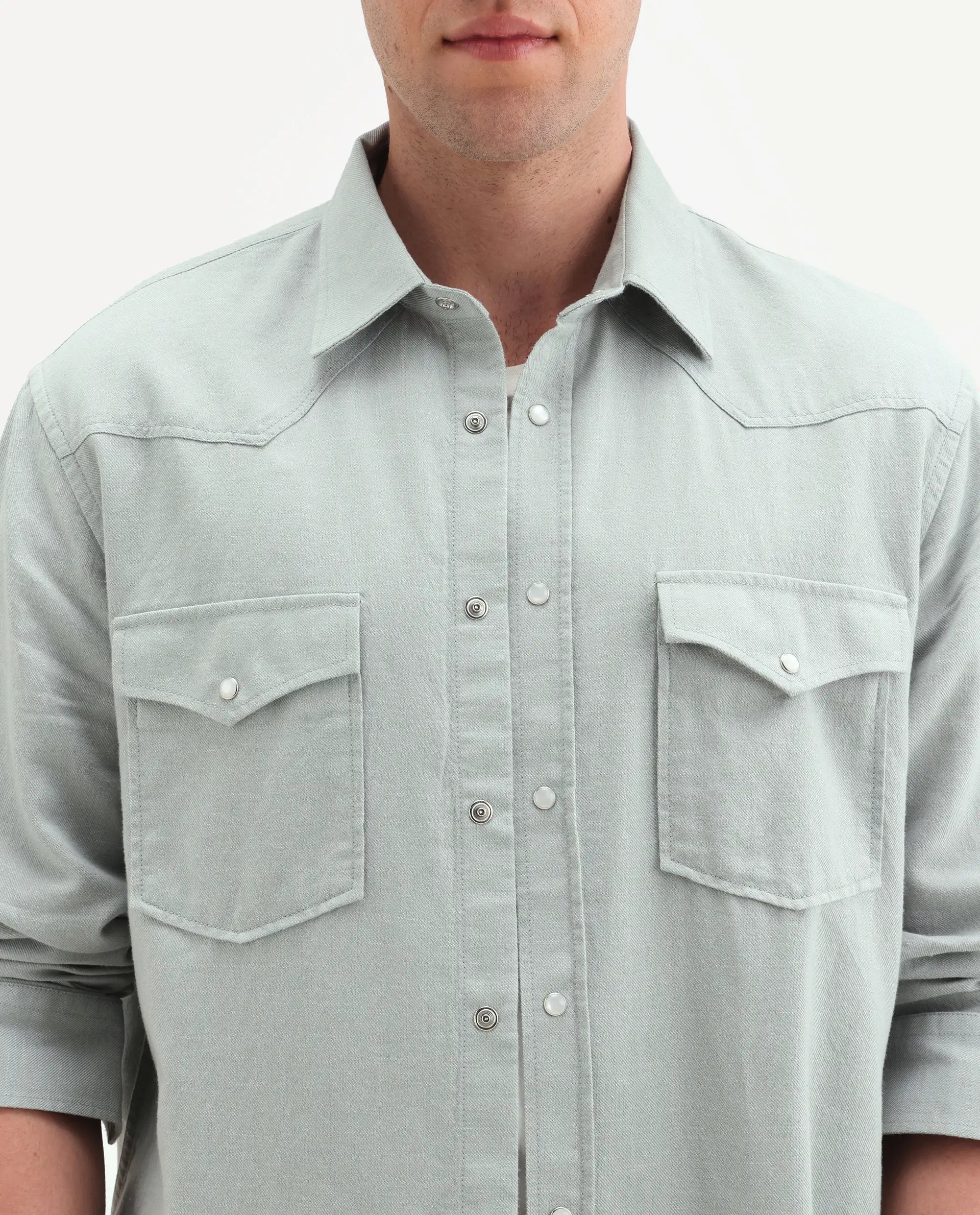 Rare Rabbit Men's Haxlr 26 Pastel Green Cotton Blend Fabric Full Sleeve Spread Collar Snap Button Regular Fit Plain Shirt
