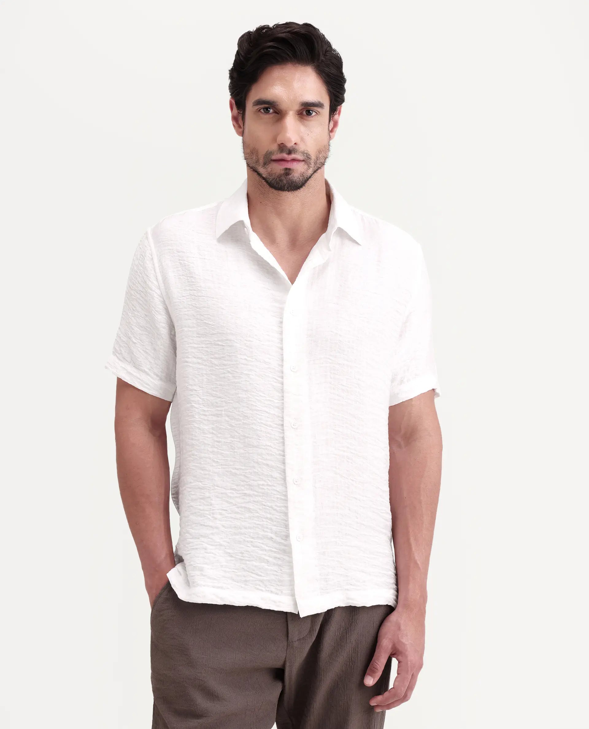 Rare Rabbit Men's Veon-Ss Off White Viscose Blend Fabric Half Sleeve Spread Collar Regular Fit Plain Shirt