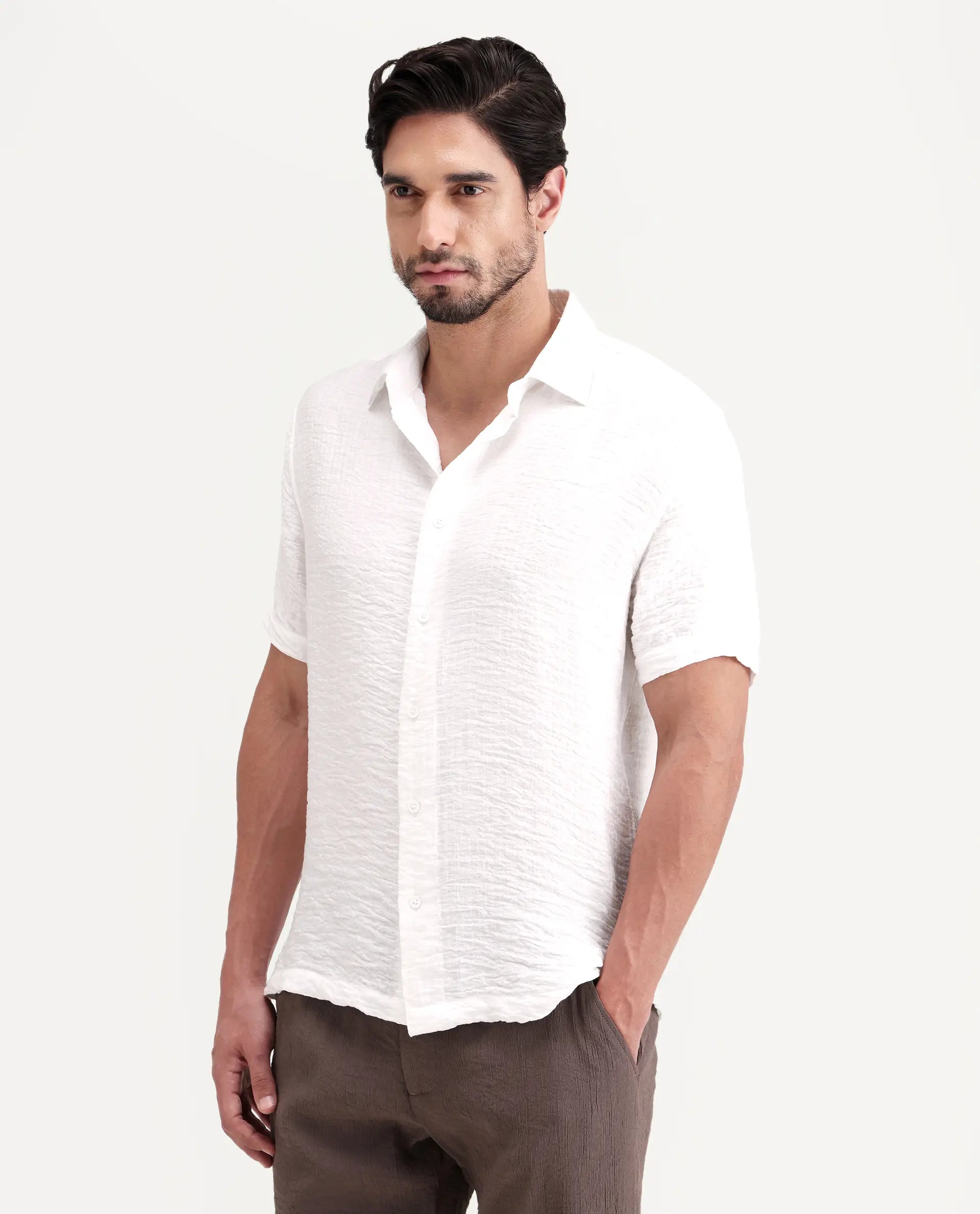 Rare Rabbit Men's Veon-Ss Off White Viscose Blend Fabric Half Sleeve Spread Collar Regular Fit Plain Shirt