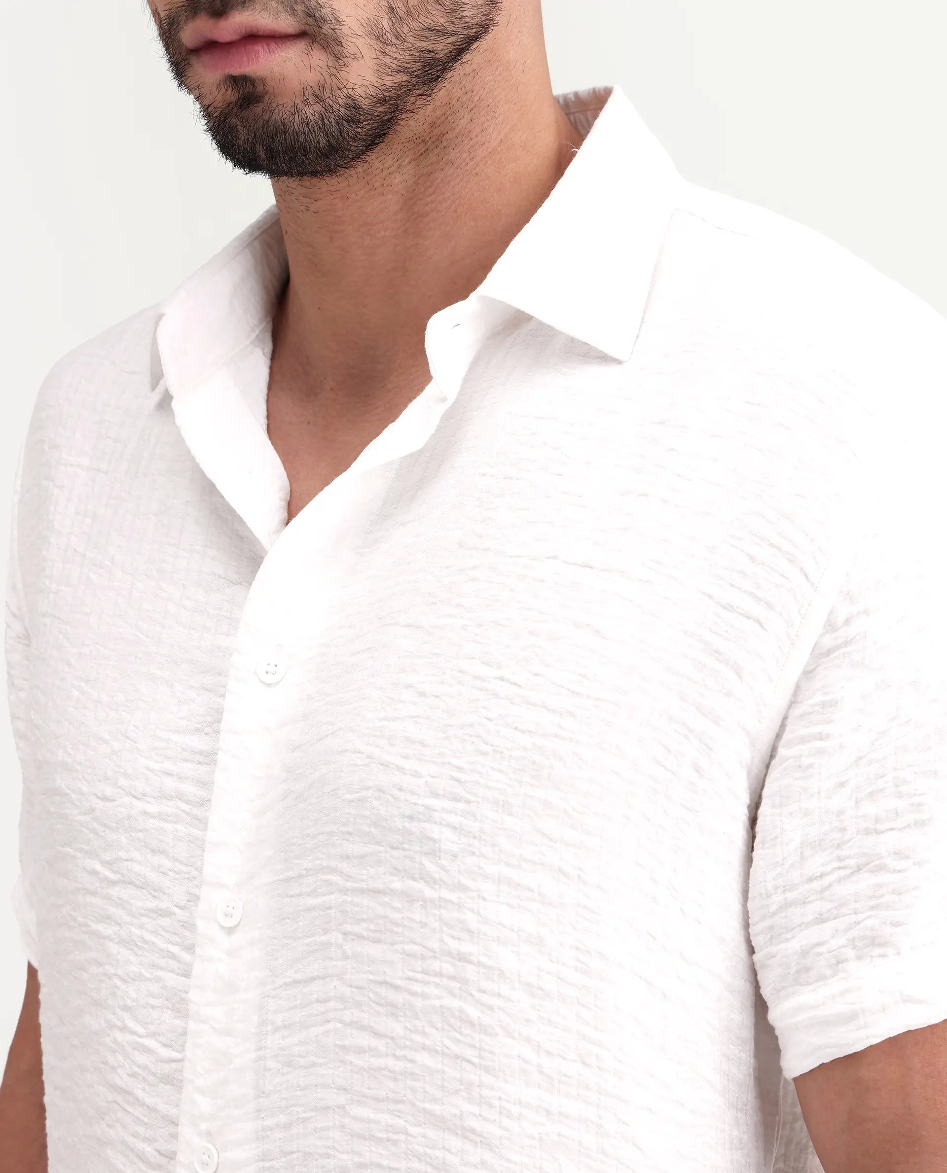 Rare Rabbit Men's Veon-Ss Off White Viscose Blend Fabric Half Sleeve Spread Collar Regular Fit Plain Shirt