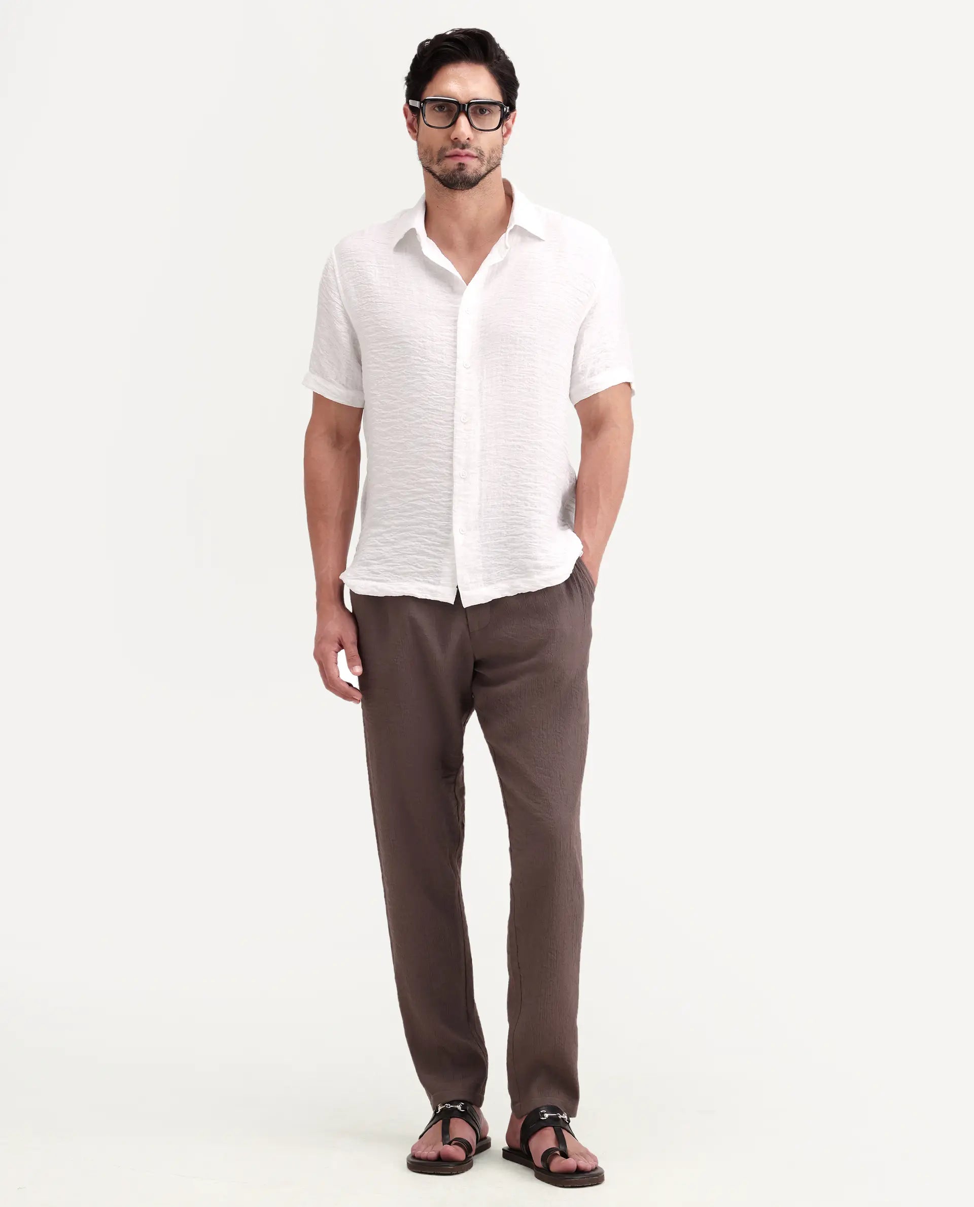 Rare Rabbit Men's Veon-Ss Off White Viscose Blend Fabric Half Sleeve Spread Collar Regular Fit Plain Shirt