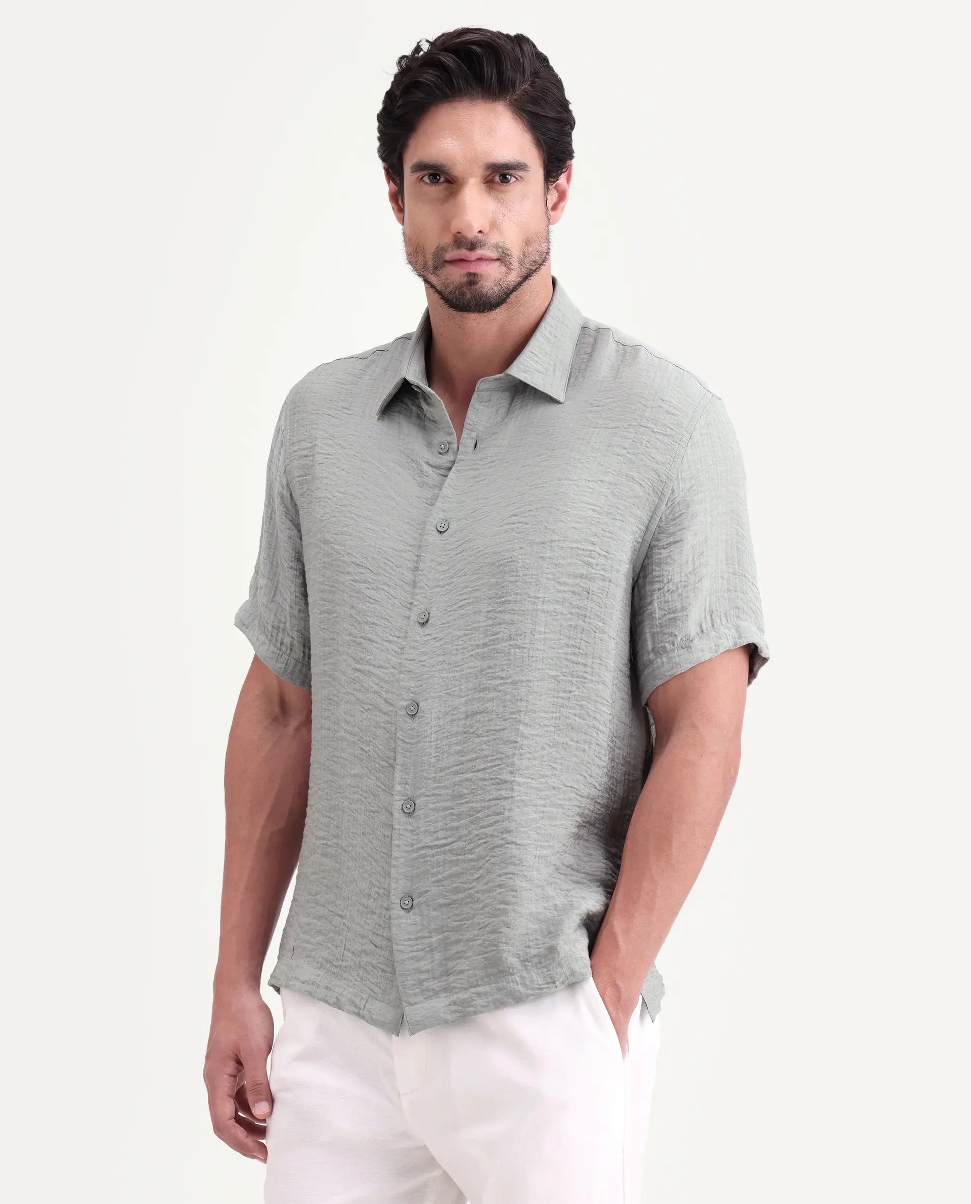Rare Rabbit Men's Veon-Ss Dusky Grey Viscose Blend Fabric Half Sleeve Spread Collar Regular Fit Plain Shirt