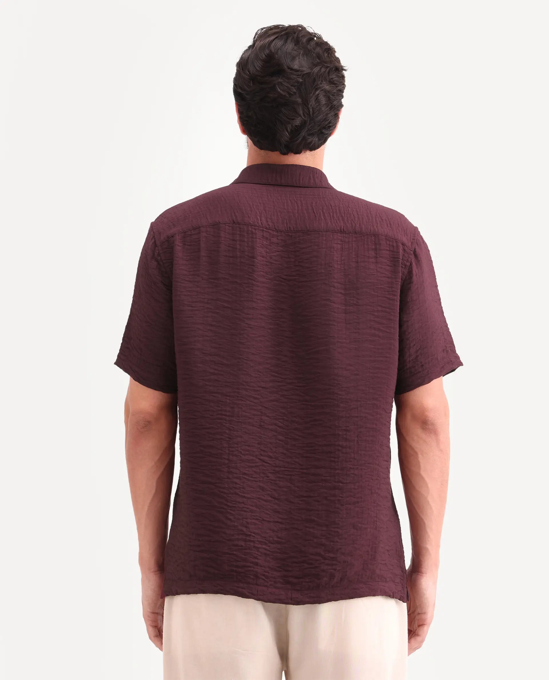 Rare Rabbit Men's Veon-Ss Dark Maroon Viscose Blend Fabric Half Sleeve Spread Collar Regular Fit Plain Shirt