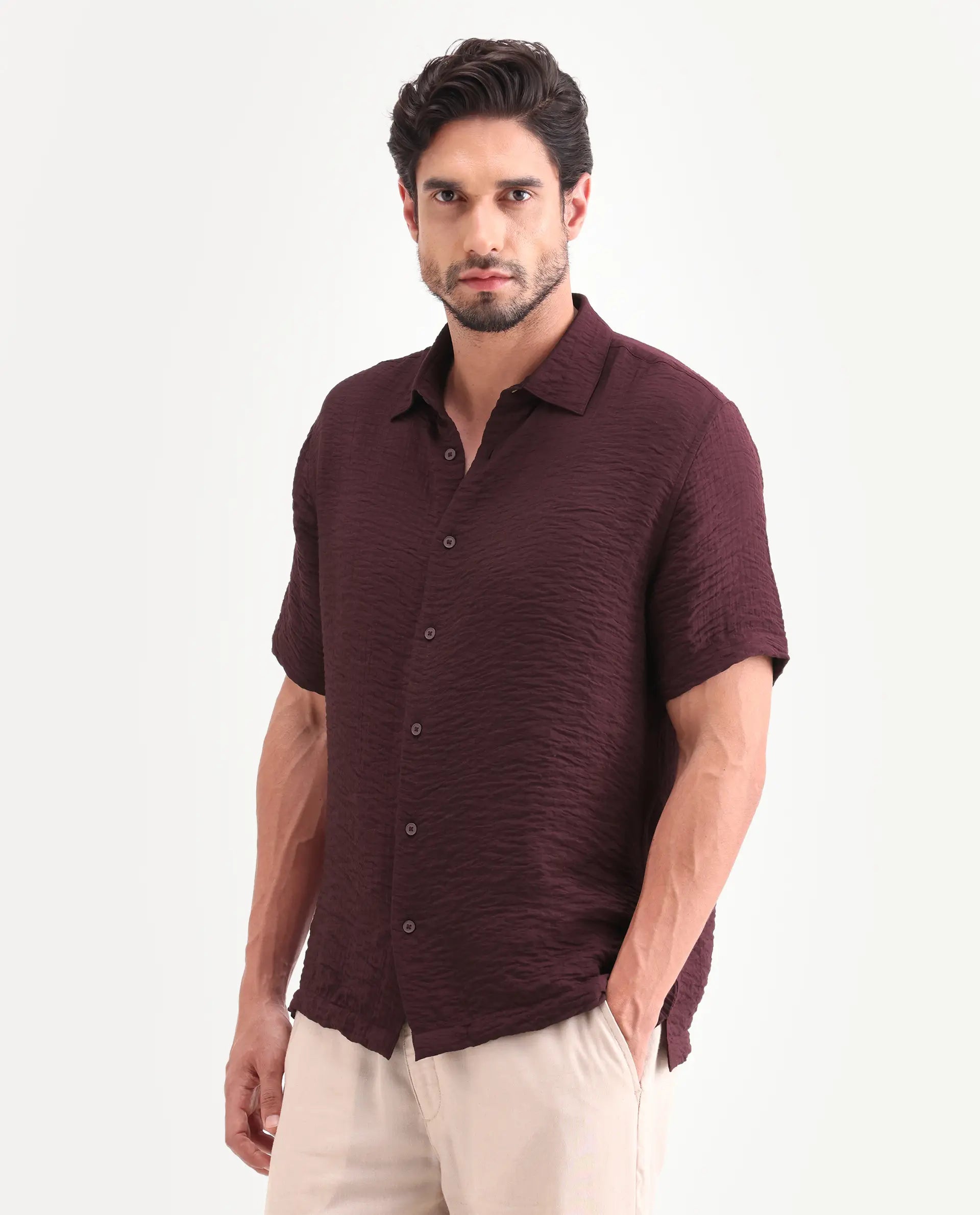 Rare Rabbit Men's Veon-Ss Dark Maroon Viscose Blend Fabric Half Sleeve Spread Collar Regular Fit Plain Shirt