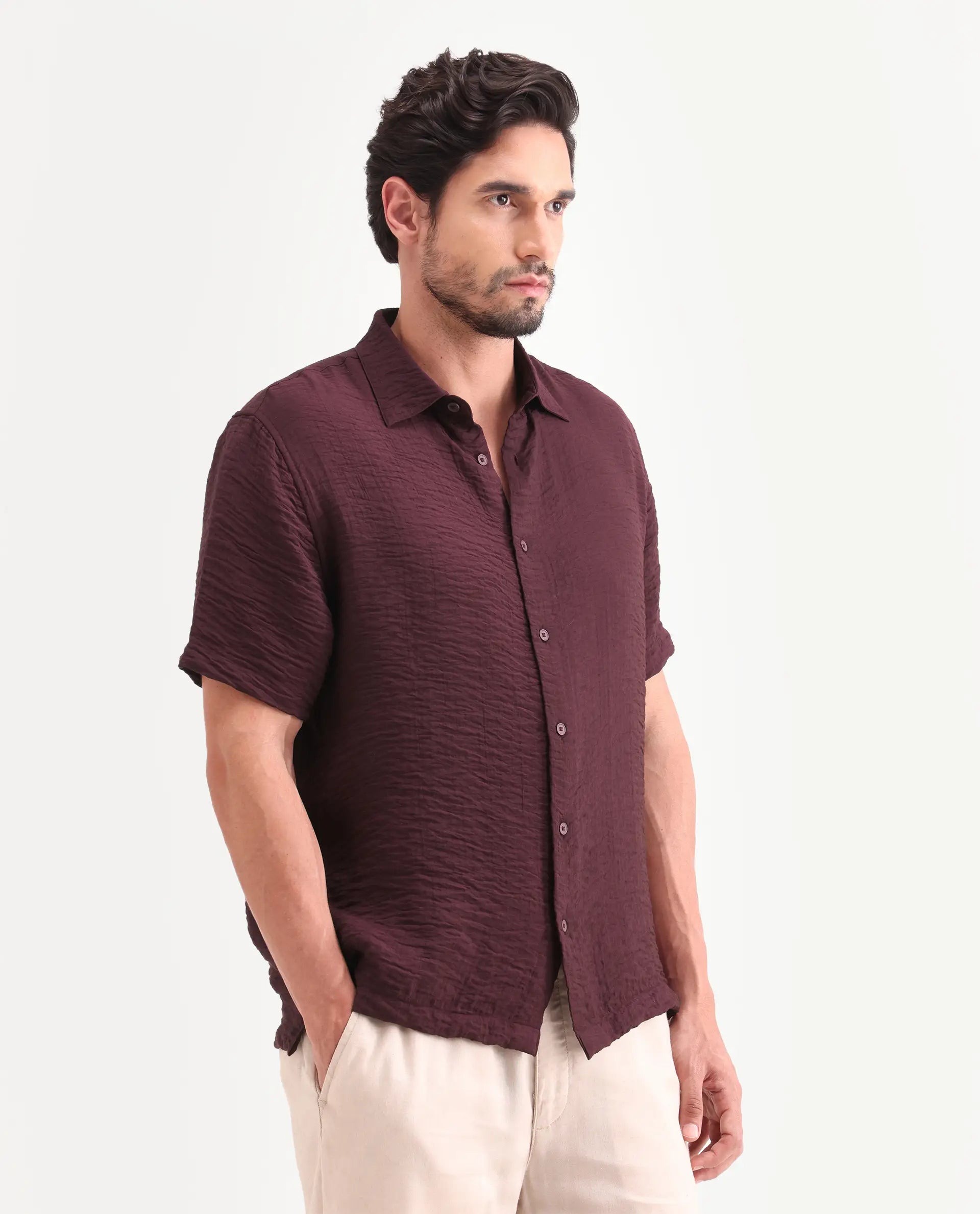 Rare Rabbit Men's Veon-Ss Dark Maroon Viscose Blend Fabric Half Sleeve Spread Collar Regular Fit Plain Shirt