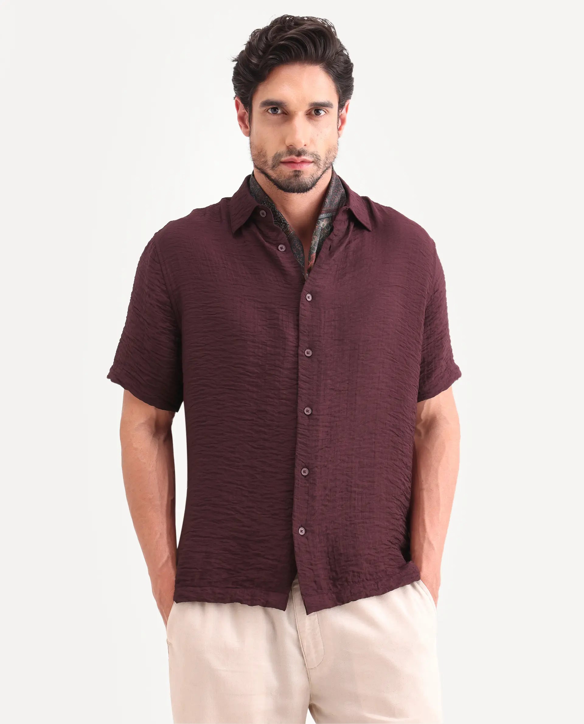 Rare Rabbit Men's Veon-Ss Dark Maroon Viscose Blend Fabric Half Sleeve Spread Collar Regular Fit Plain Shirt